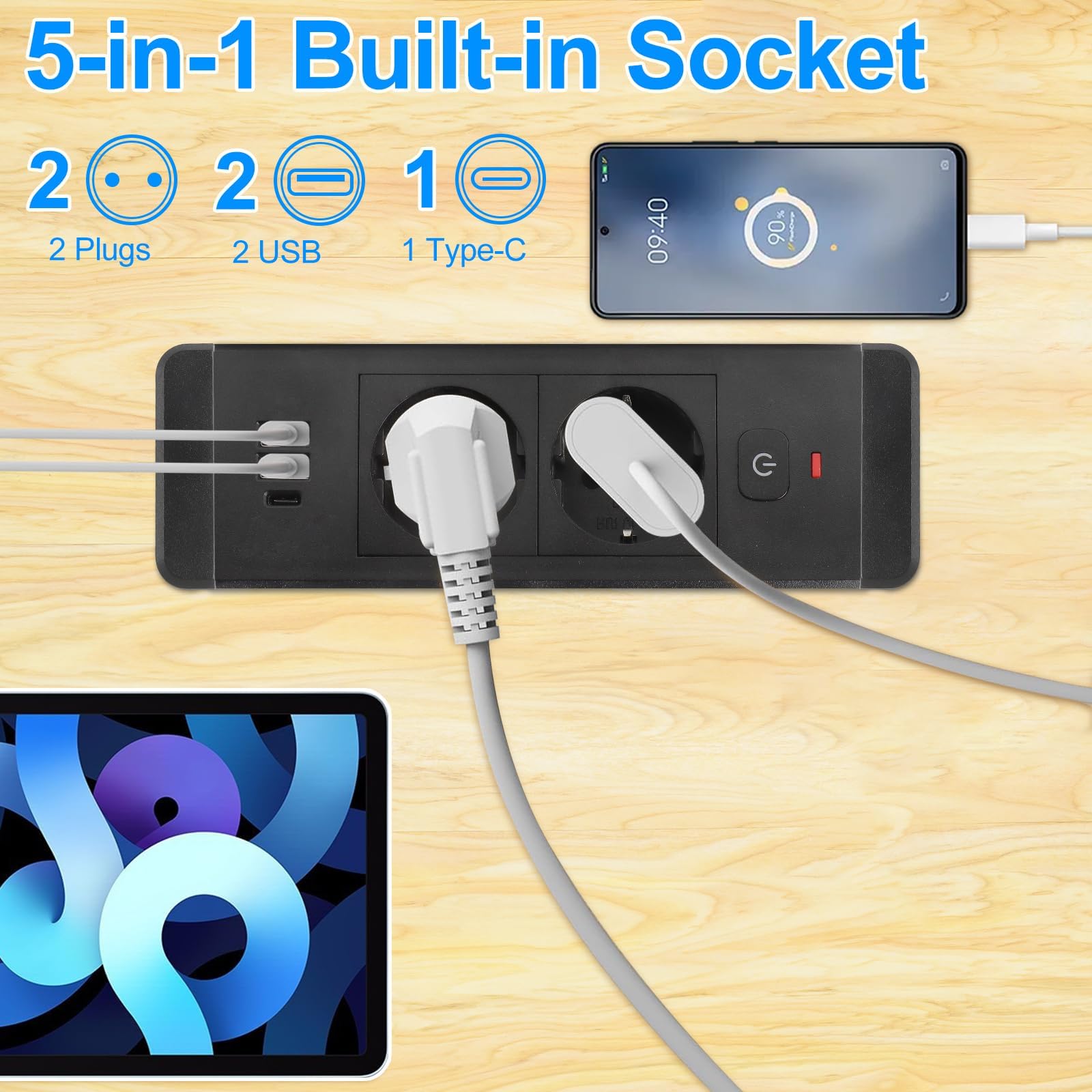 Aiemom Bloc Multiprise Encastrable, 2 Prises De Table, Avec Chargement