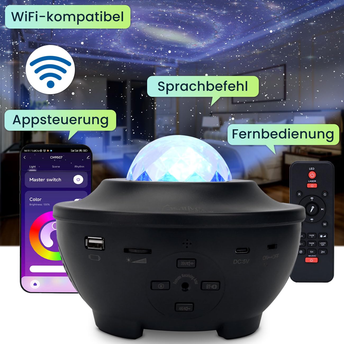 2er-Set Laser-Sternenhimmel-Projektor - Bluetooth Lautsprecher & Sprachsteuerung via App - Bis 200qm Abdeckung - WiFi, RGBW-LED, Nachtlicht & Timer