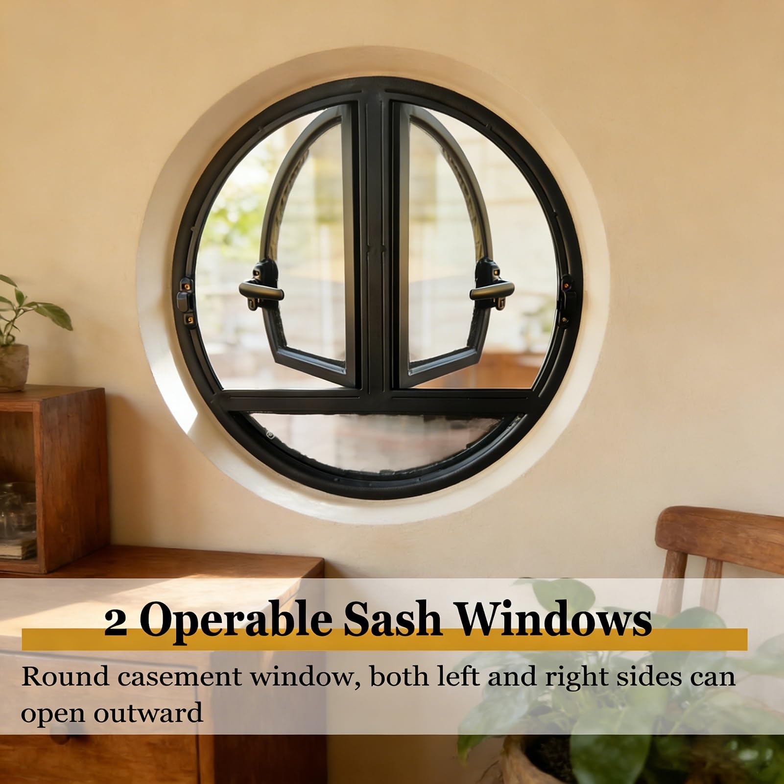 Ventana Ventana Redonda abatible de Doble Apertura empotrada Personalizada con Vidrio Templado, Decorativa para baños, Salas de Estar, hoteles y cafeterías(Black,85 cm/33.5 in)