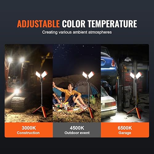 Miniatura 3 de VEVOR Luz de trabajo LED de 10000 lm, luces de trabajo con soporte de doble cabeza 100 W, altura ajustable de 27.6 a 70 pulgadas, con trípode