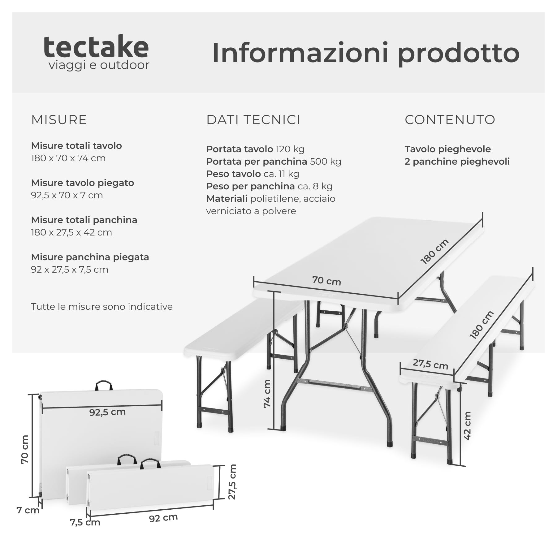 tectake® Set Tavolo da esterno e 2 Panche Pieghevoli, Set Tavolo Pieghevole da Campeggio e 2x Panca da Esterno, Ripiegabile a forma di Valigia, Blocco di sicurezza, Struttura in Acciaio - Bianco