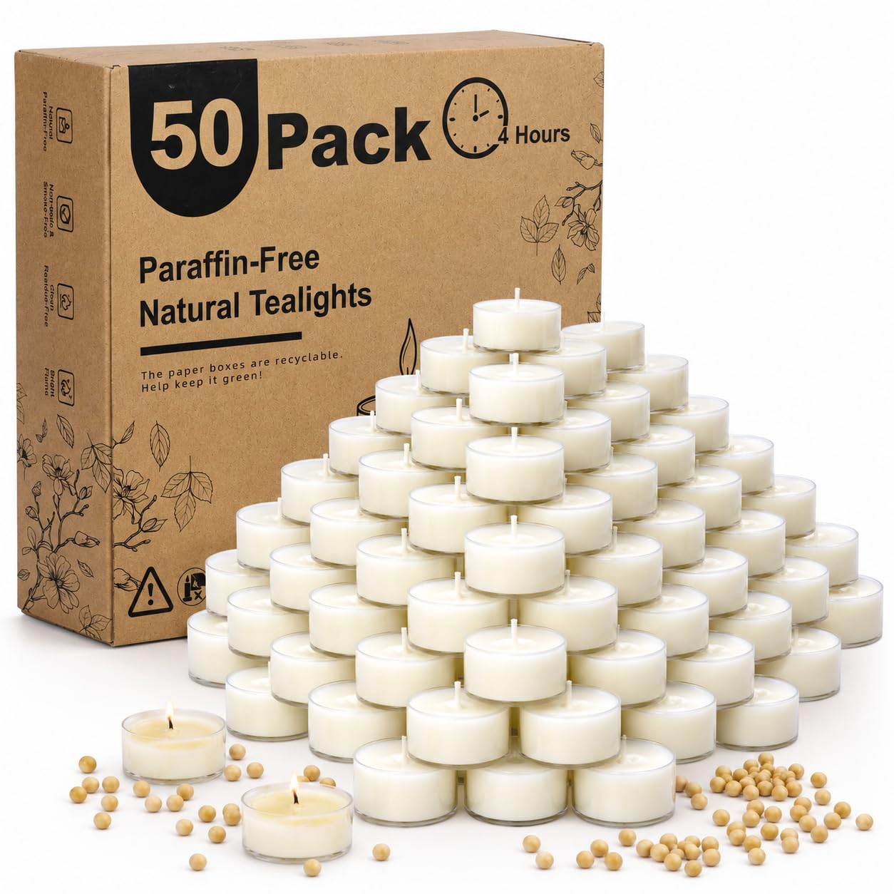 50 Pack Soy Wax Tealights, Unscented Tealight Candles in Clear Cup 4 Hours Burning Time Paraffin-Free for Weddings, Events, Home Decor,Emergency Use — image 1