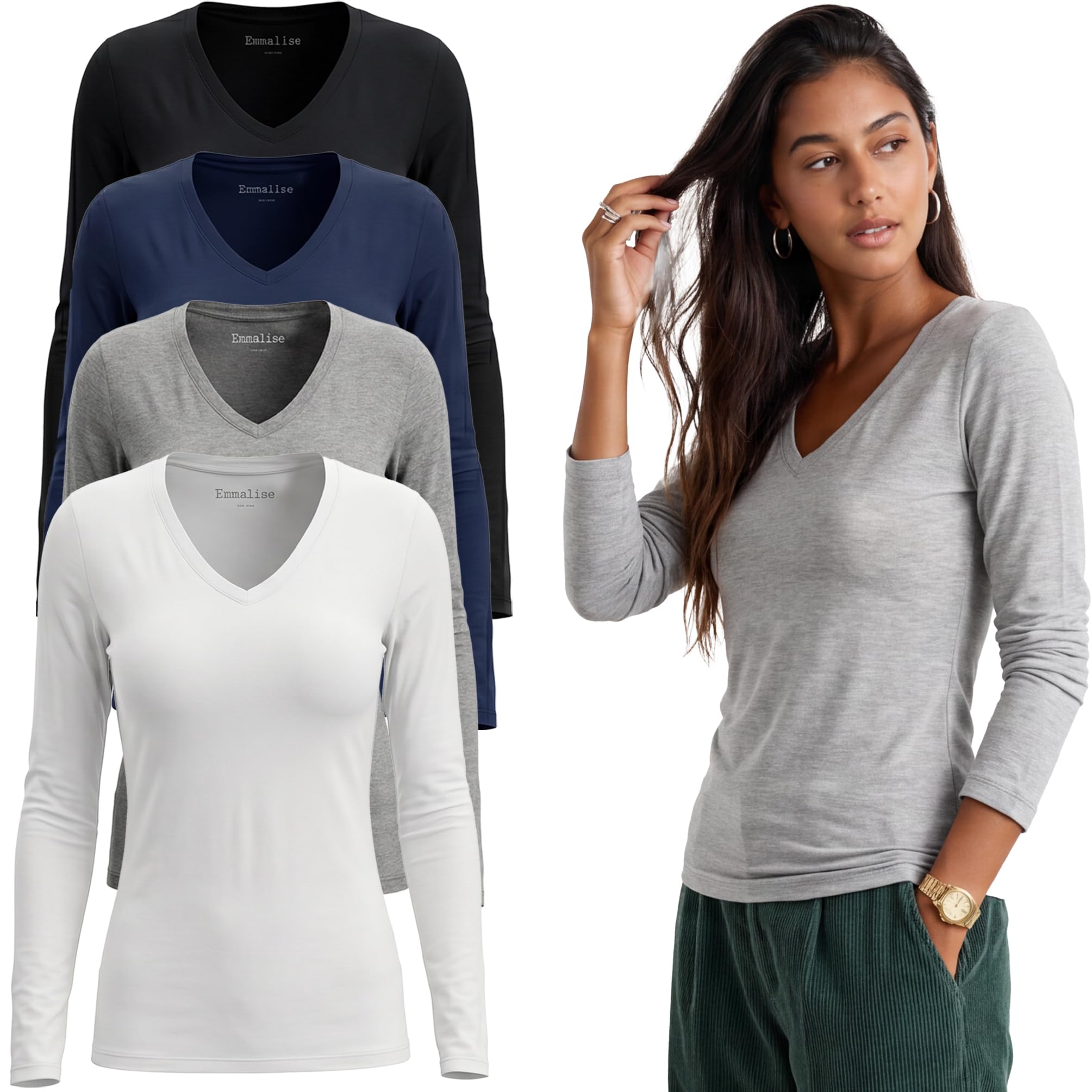 Emmalise T-shirt à manches longues et col en V pour femme Junior et grande taille, Lot de 4 - Bleu marine, noir, gris H, blanc, Taille L