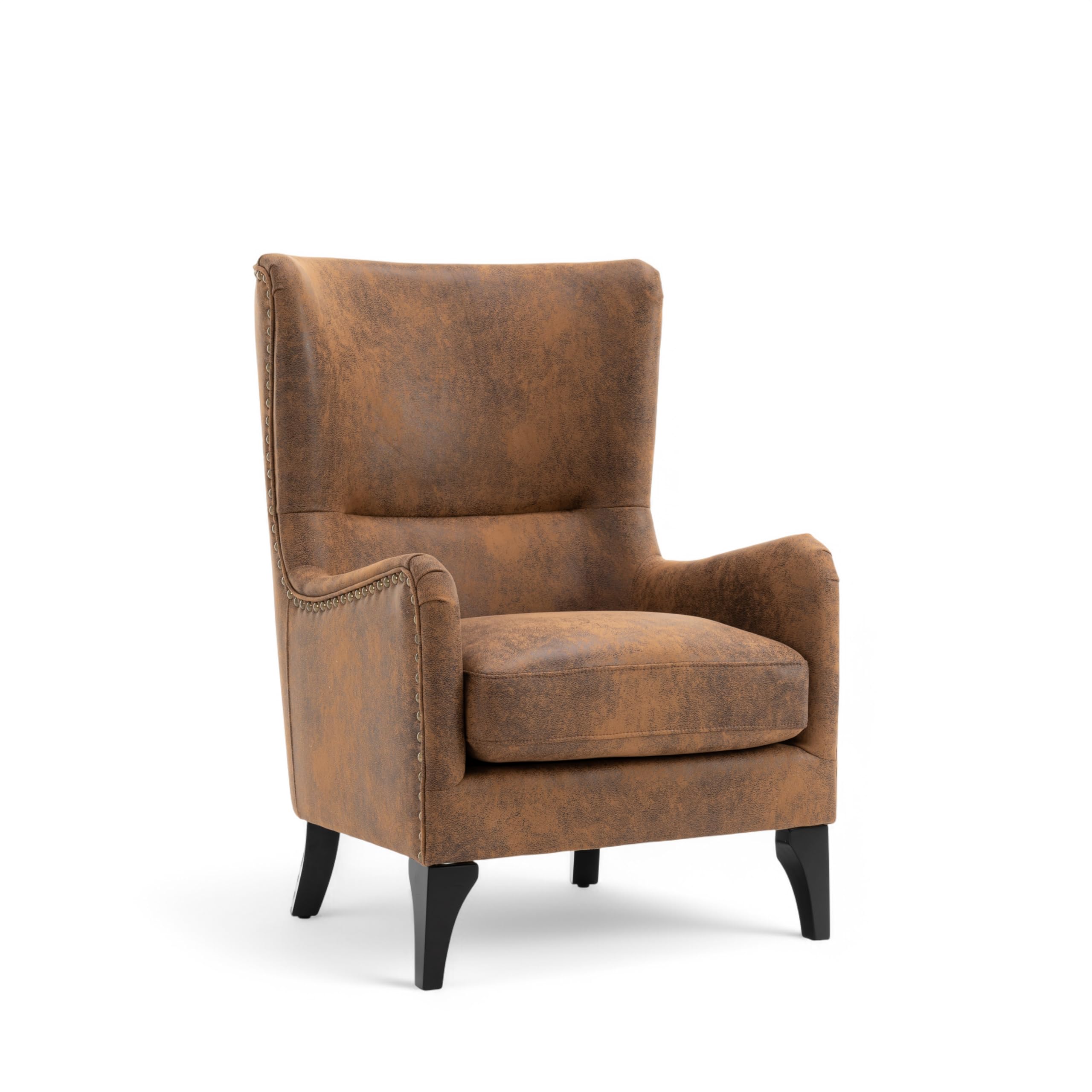 Stunning Chairs Brown Faux Leather Wingback Armchair – Classic High Back Chair for Reading, Stylish Accent Fireside Chair with Wooden Legs, Ideal for Living Room, Bedroom