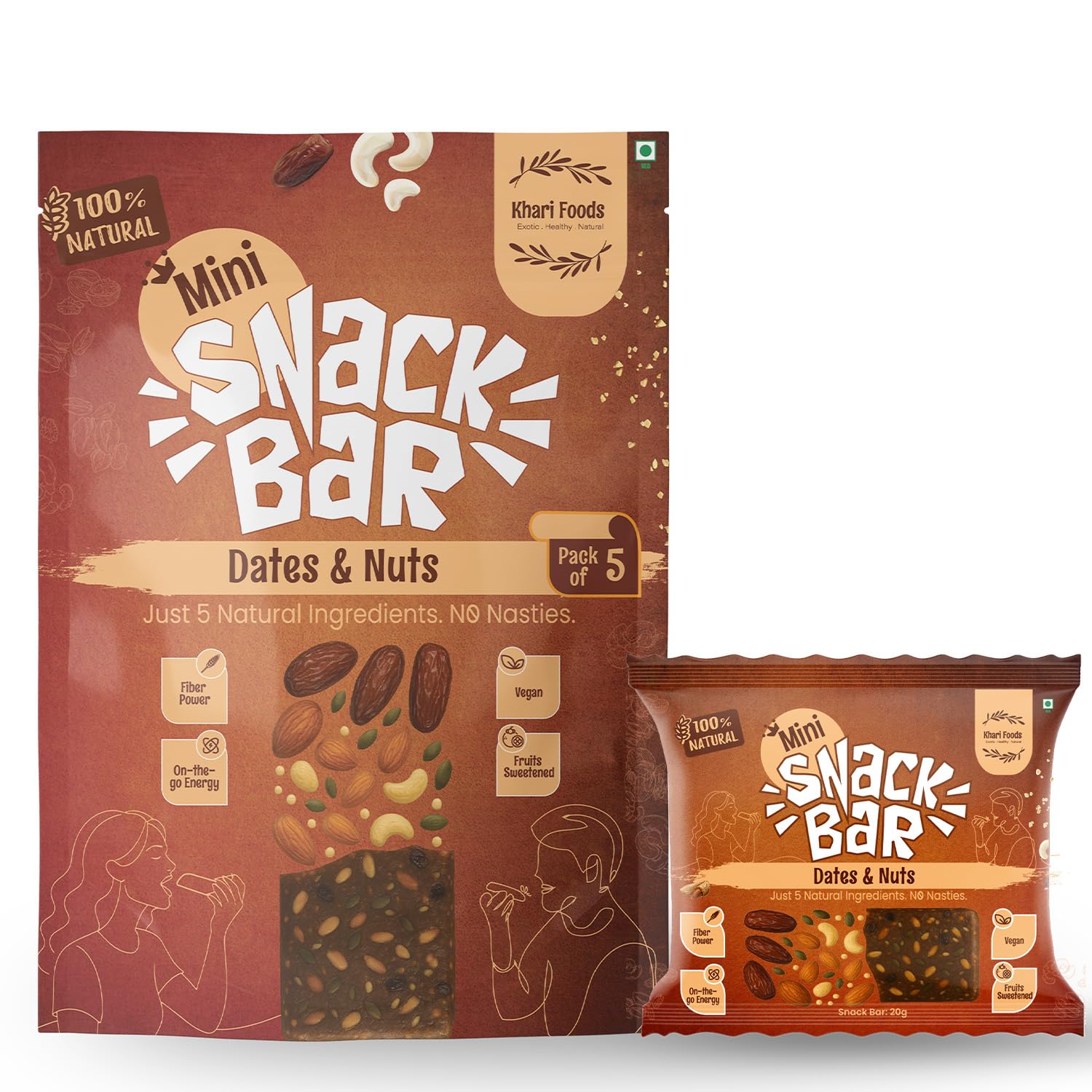 Khari Foods Mini Snack Bar - Dates & Nuts, Made only with 5 ingredients, Dates, Almonds, Cashews, Pumpkin Seeds & Jowar Cripsies, No Added Sugar, No Preservatives (Pack 5)-image-7