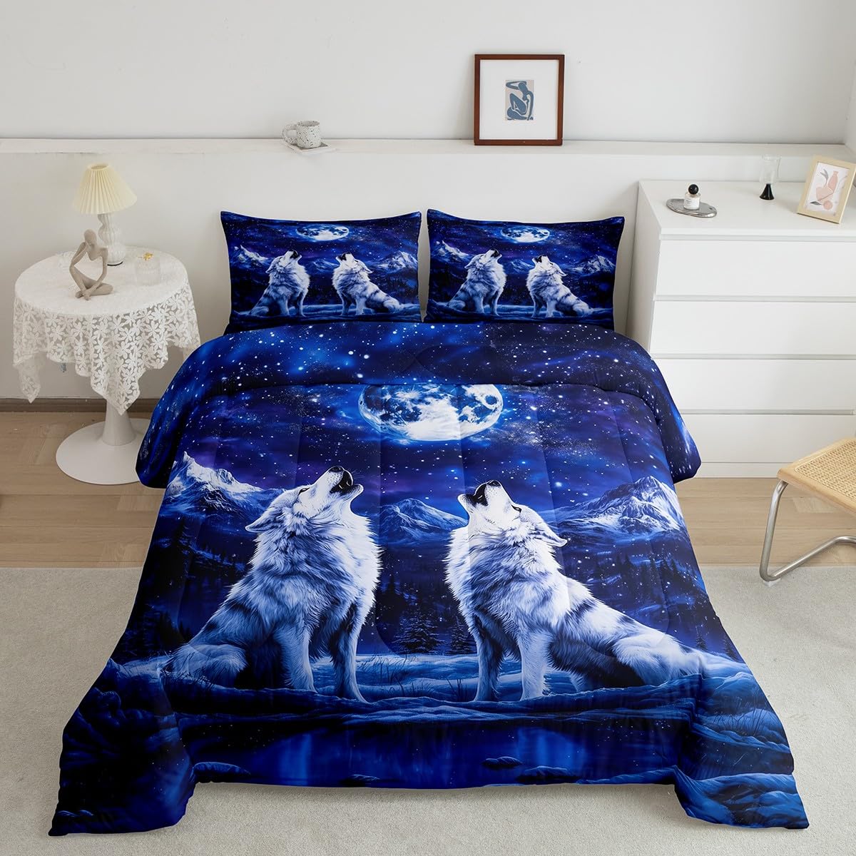 Feelyou Wolf Comforter Set Twin Size Wolves Howling Comforter for Boys Girls Teens Animal Wolves Bedding Set Mountain Moon Wolf Duvet Set Room Royal