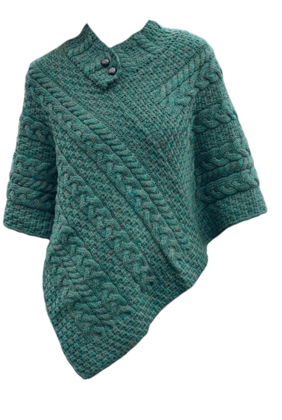 Carraig Donn 100% Merino Wool Cable Poncho with Aran Button Detail Connemara Green Colour