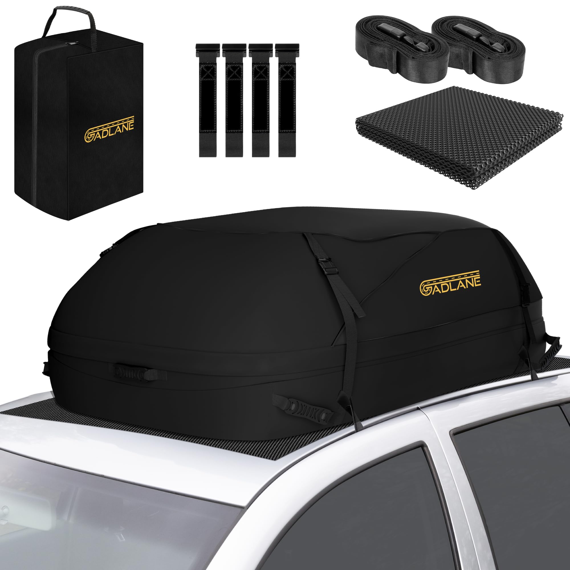 GADLANE Bolsa de Techo para Coche, 400L, Impermeable, con 4 Correas Resistentes, Alfombrilla Antideslizante y Bolsa de Almacenamiento (Negro)