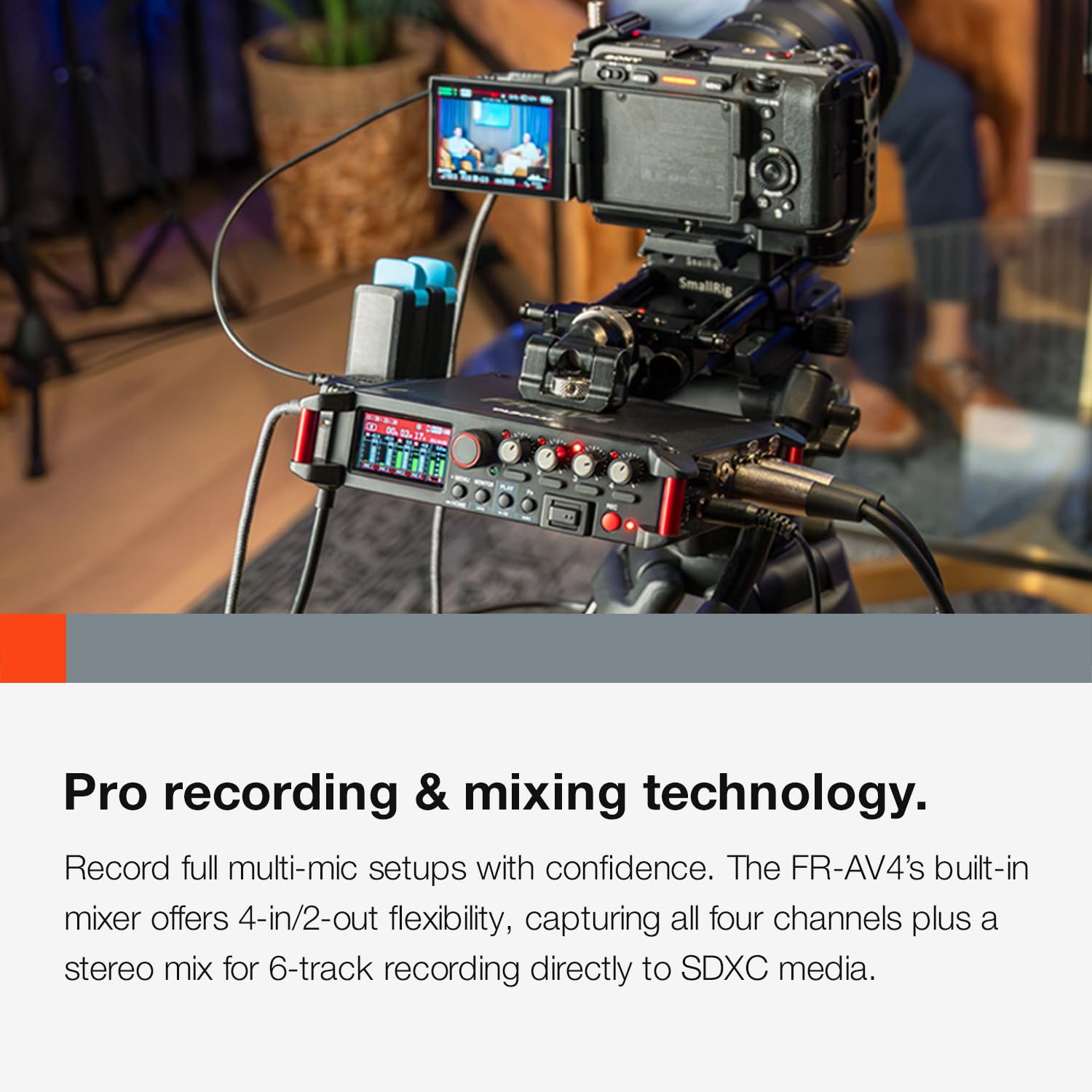 TASCAM FR-AV4 - Professioneller 4 Spur Field Recorder mit 32-Bit-Float, Timecode & HDMI-Sync, kaskadierbar