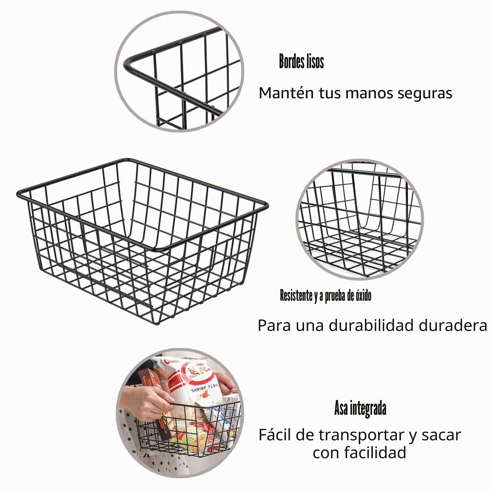 Hniuyun Paquete de 6 cestas de alambre negro, organizador de encimera para armarios de cocina, cestas de almacenamiento de metal para garaje, nevera, dormitorio, baño, lavandería, 28 x 22 x 12 cm