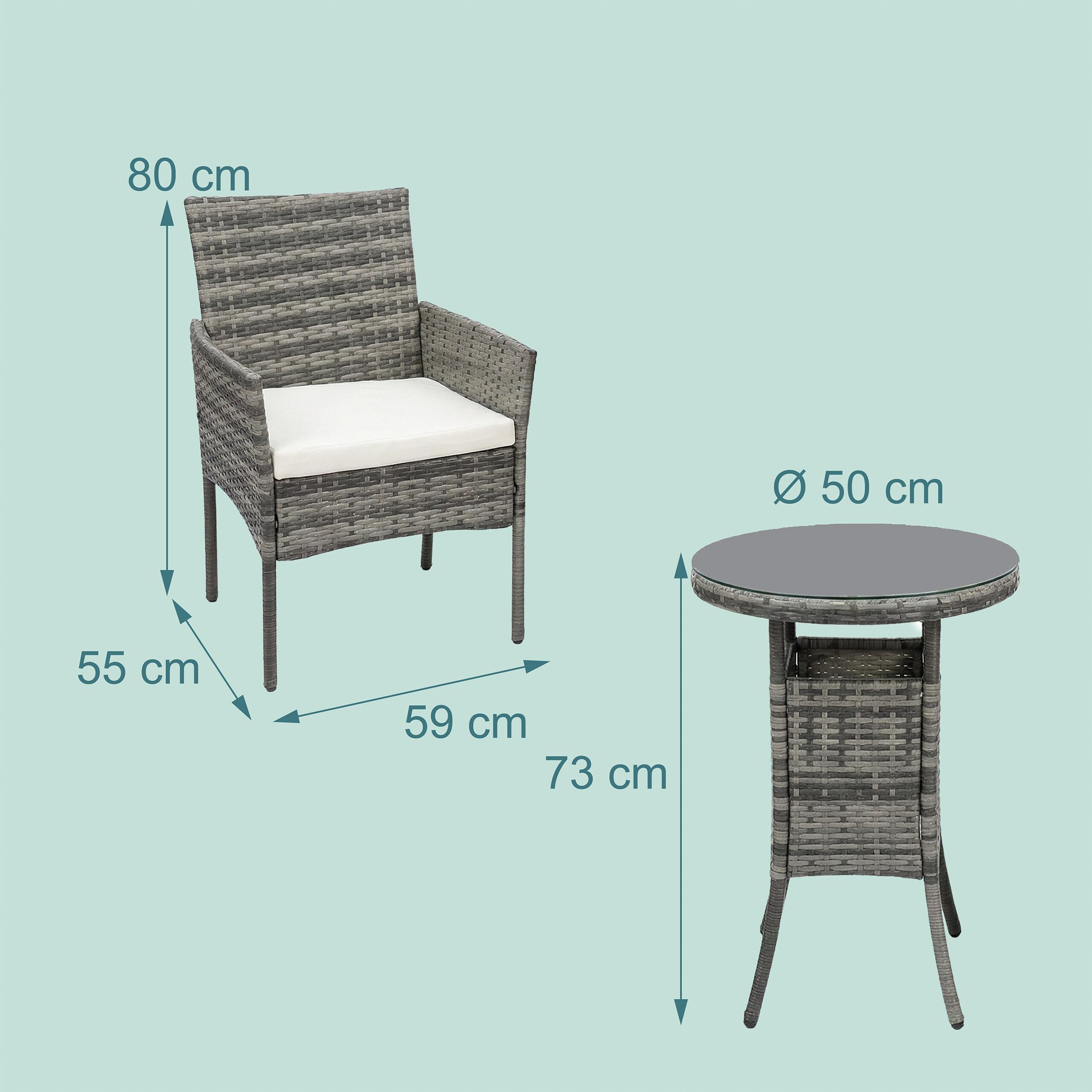 Relaxdays Zestaw mebli ogrodowych, 3-częściowy zestaw mebli rattanowych, 2 osoby, 2 fotele i szklany stół, meble wypoczynkowe, do użytku na zewnątrz, szary