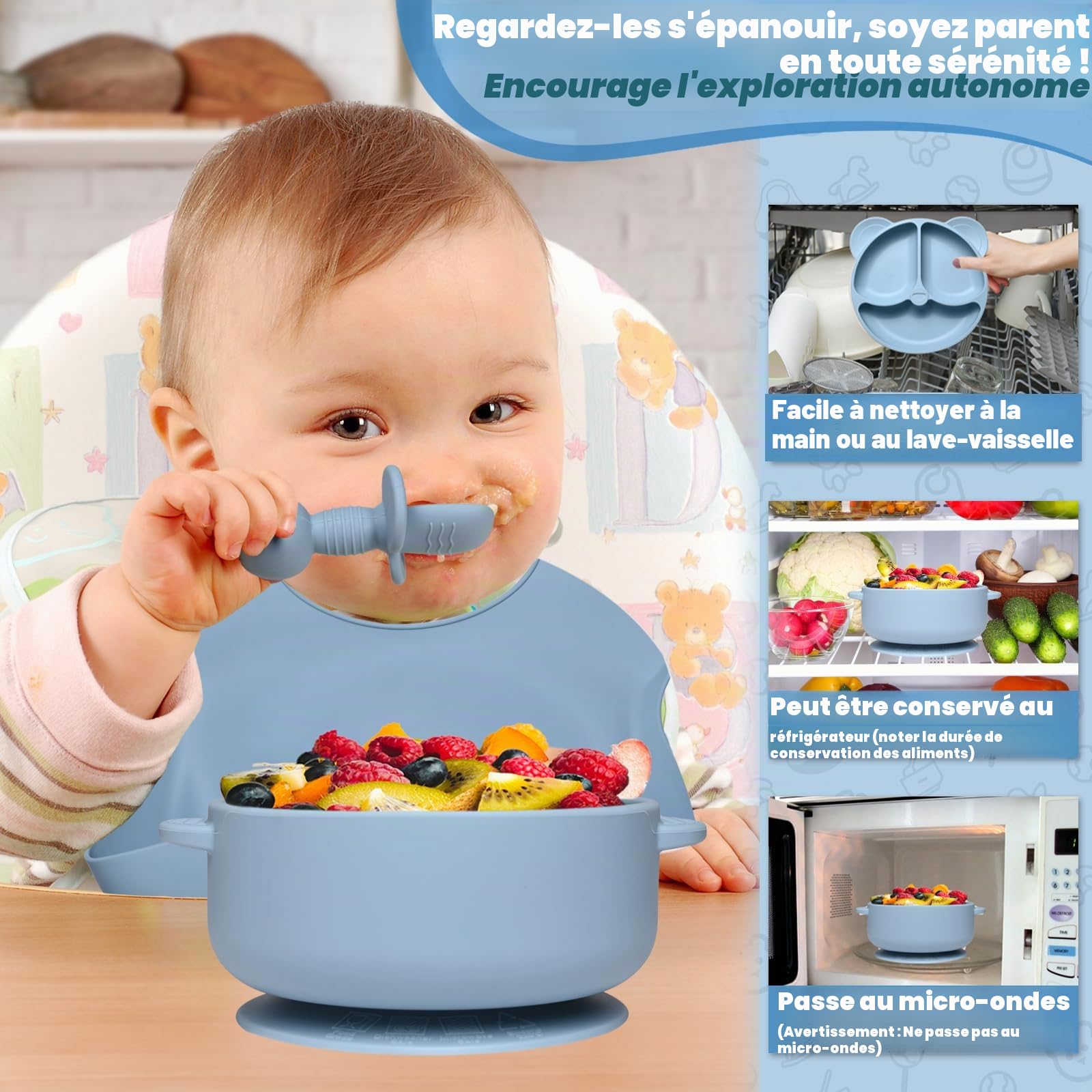Assiette bebe Set, 11 Pièces Coffret Repas Bebe Silicone, Vaisselle Assiette ventouse pour bébé, Bavoir Silicone Bebe, Cuillère, Enfant Set Couverts Vaisselle Pour Sevrage Manger (Bleu)