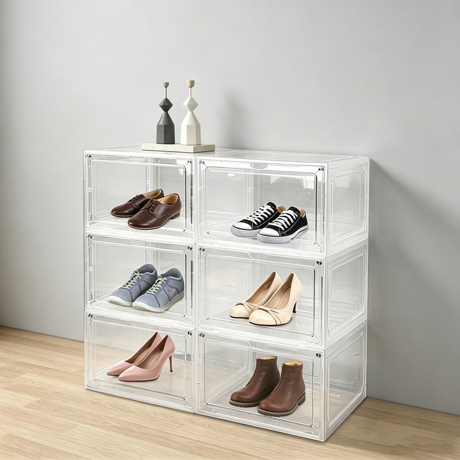 TYNGBT 6 Pack Hard Plastic Shoe Storage Boxes, Clear Stackable Shoe Organizer for Closet