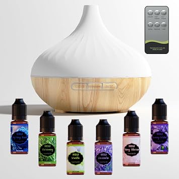 Aroma Diffuser für Duftöle 500MLmit Fernbedienung und Flower Ätherische Öle Set 6x10 ML4 Timer-Einstellung7 Arten LED Lichtfarben