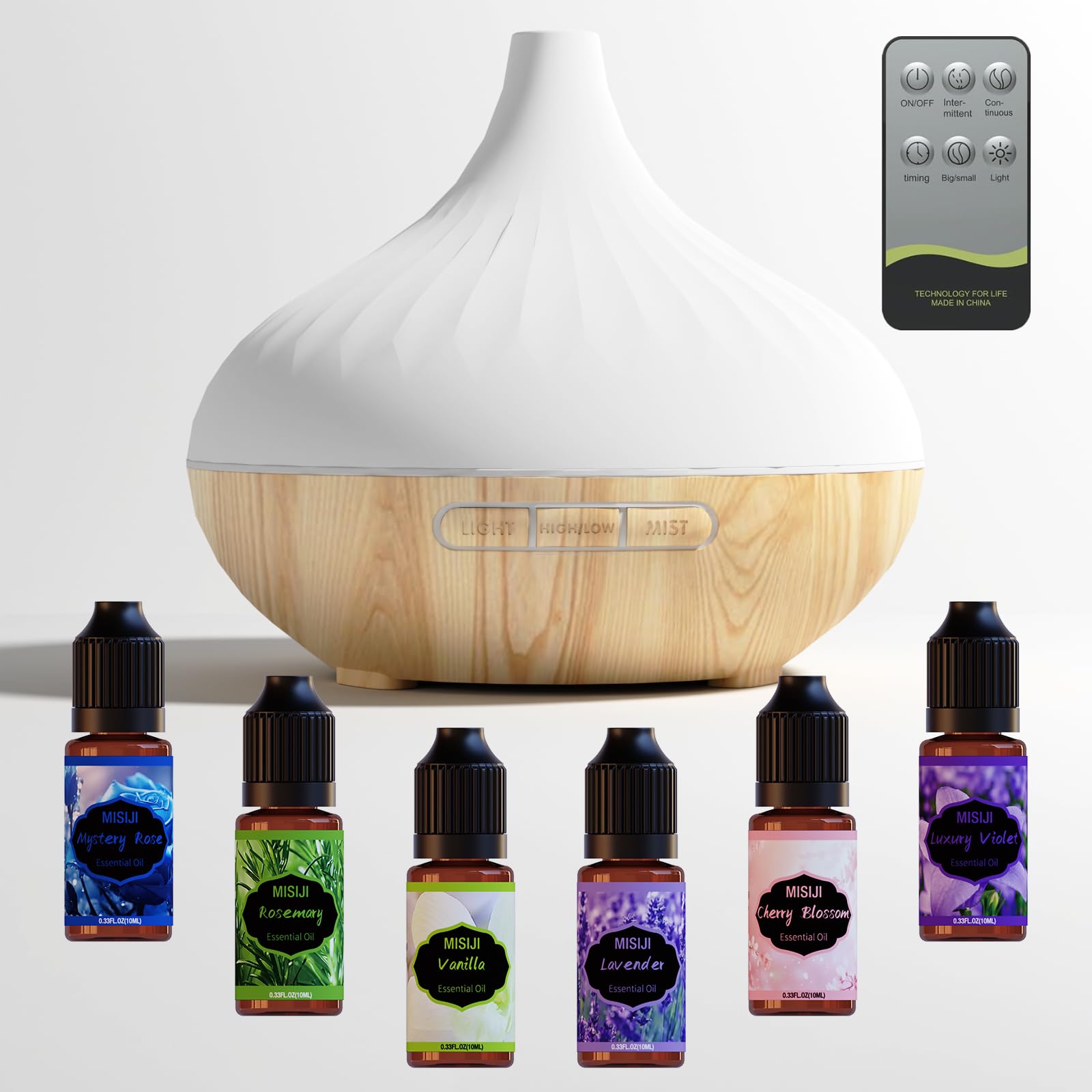 Aroma Diffuser für Duftöle 500ML,mit Fernbedienung und Flower Ätherische Öle Set 6x10 ML,4 Timer-Einstellung,7 Arten LED Lichtfarben