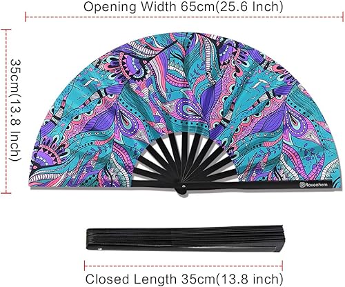 Miniatura 4 de Abanico Plegable Grande, Abanico Rave Clack de 13 Pulgadas, Abanico de Mano para Mujeres y Hombres con Tela de Satén Premium, Marco de Bambú Grueso