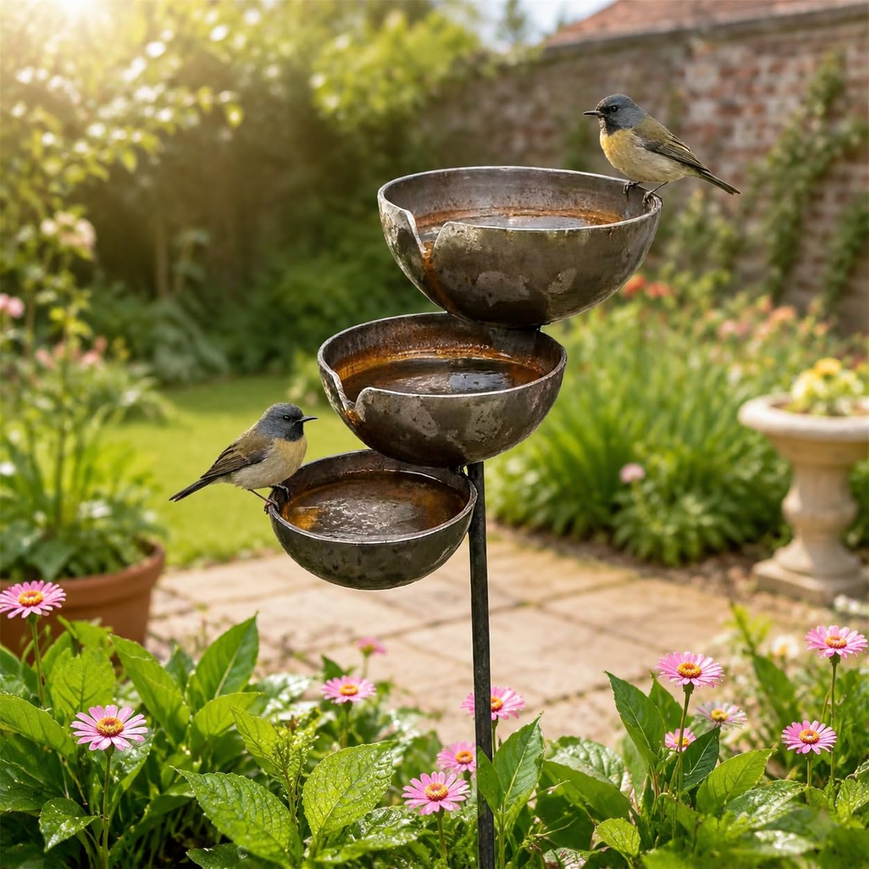 Rain Catcher Bird Bath Stake, Cascading Self Filling Bird Bath, Rainwater Rain Catcher Garden Ornament, 3-Tiered Metal Flower