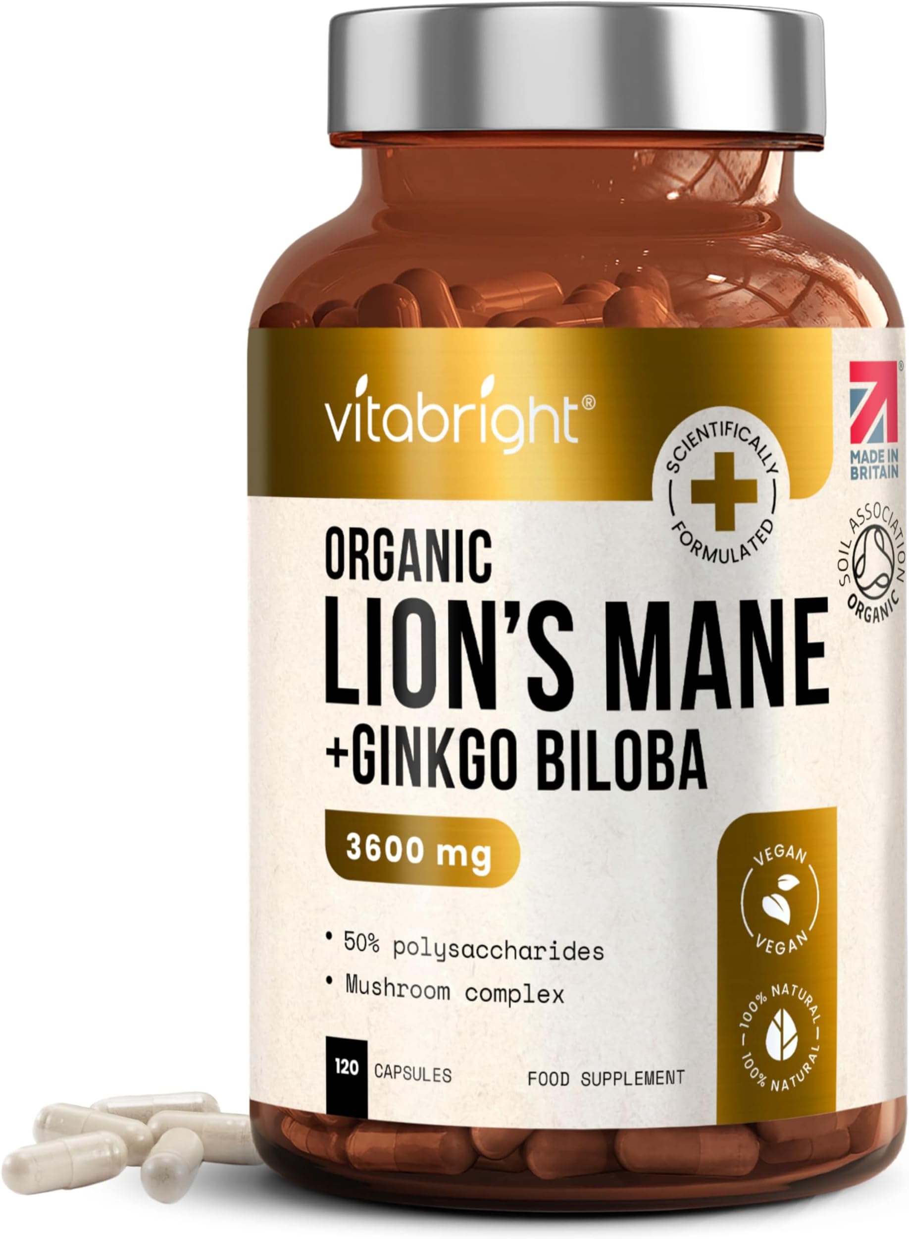 Lions Mane Supplement Capsules | Mushroom Complex | 3600 mg per 2 Capsules | 4 Month Supply | Organic Lions Mane Powder & Gingko Biloba | High Strength Lionsmane Supplement | Made in UK