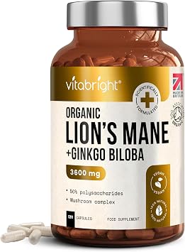 VitaBright Lions Mane Supplement Capsules | Mushroom Complex | 3600 mg per 2 Capsules | 4 Month Supply | Organic Lions Mane Powder & Gingko Biloba | High Strength Lionsmane Supplement | Made in UK