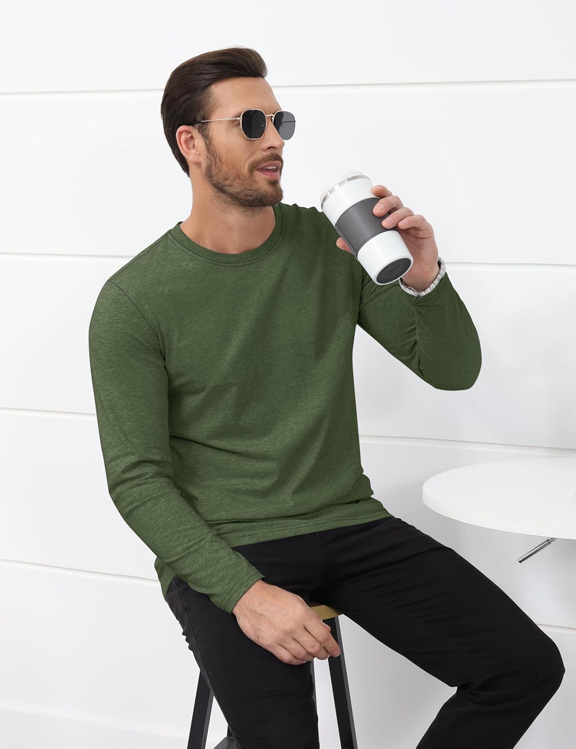 Cotrasen Mens Long Sleeve Shirt Cotton Crew Neck Soft Moisture Wicking Tee Shirts Casual Solid Color Basic Tees Army Green XL - Image 2