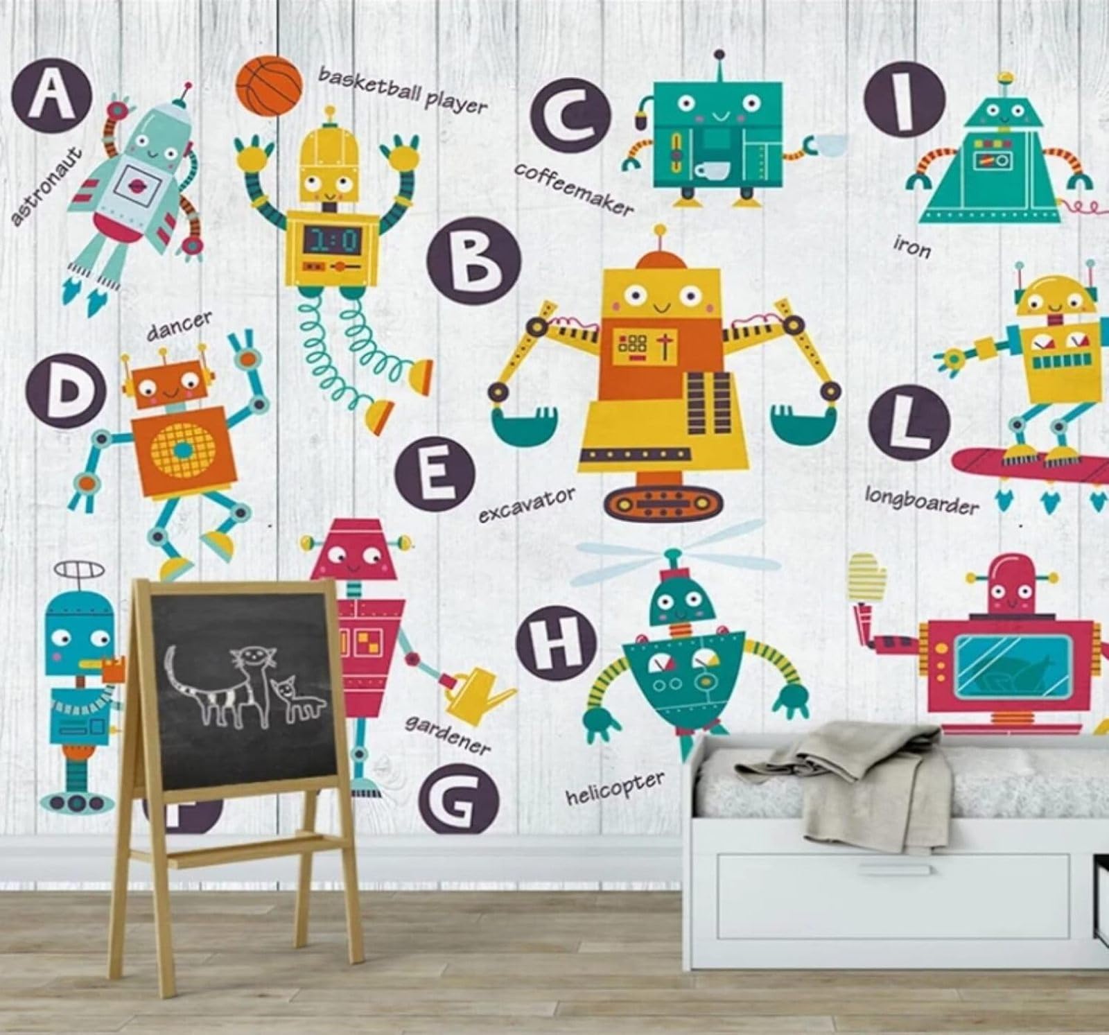 XLMING Cartoon Creative Robot Woodgrain Letters 3D Wallpaper Luxury Silk Study Dining Feature Sofa Grey Bedroom Living Room Tv Decorative Wall-400cm×280cm