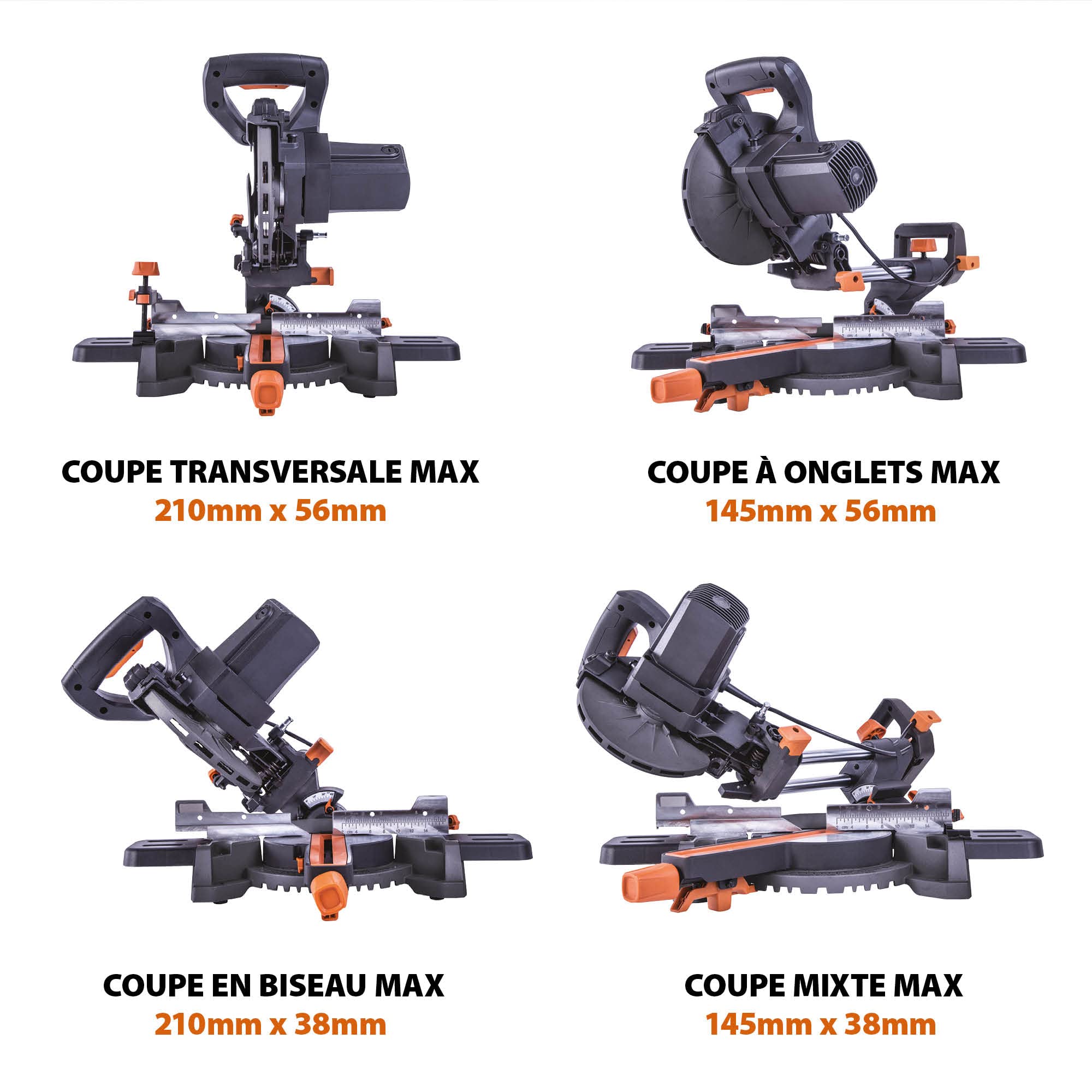 Evolution 047-0003A (R185SMS+) Scie à onglet avec coupe universelle 45°, guide laser à onglet 50° avec lame universelle, noir