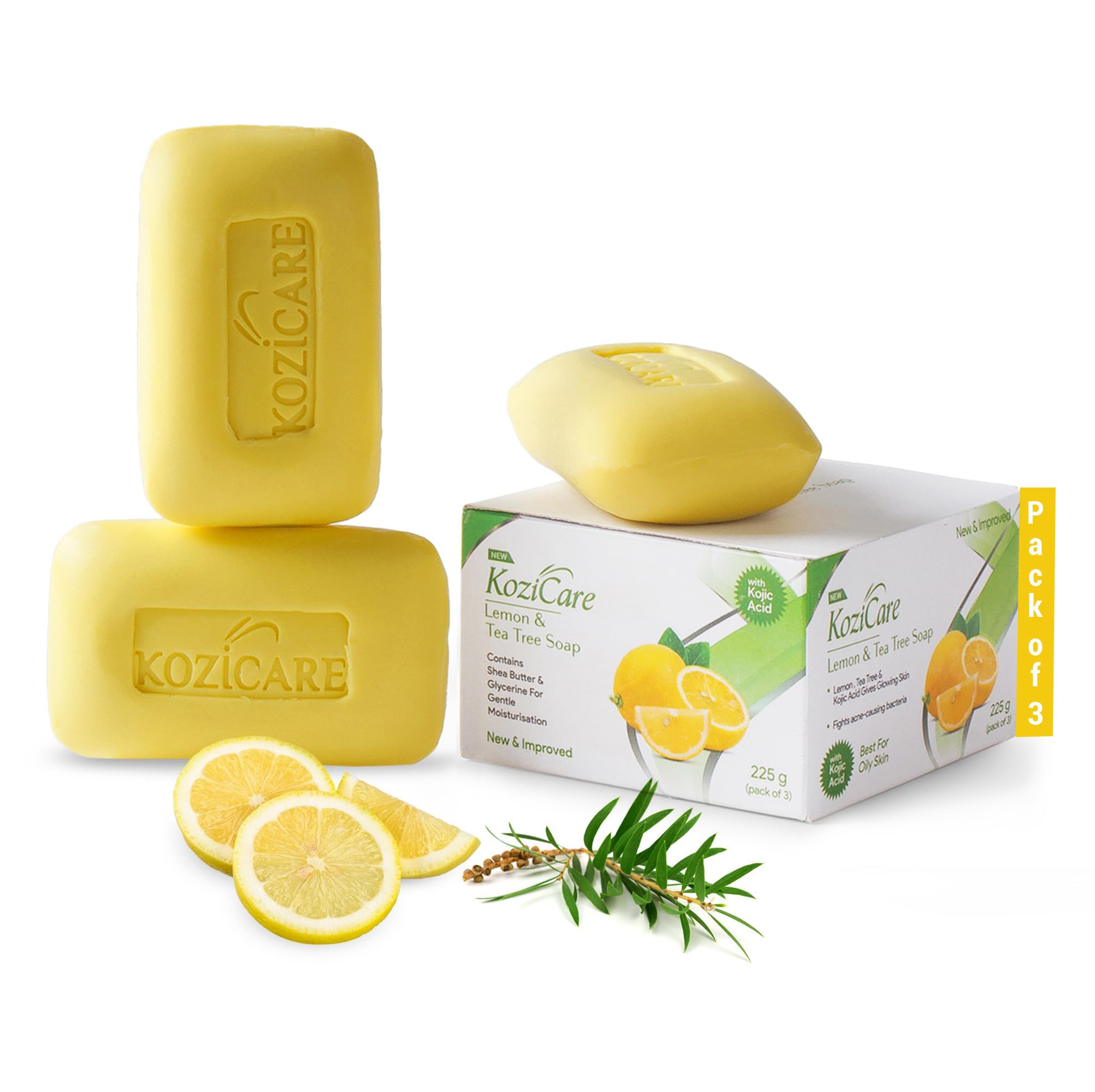 Kojic Acid Soap & Glutathione | Lemon & Tea Tree | Detan for Bath | Bath Combo Offers | Bathing | Cleanses Deeply & Refreshes | Fights Acne & Blemishes - Pack of 3