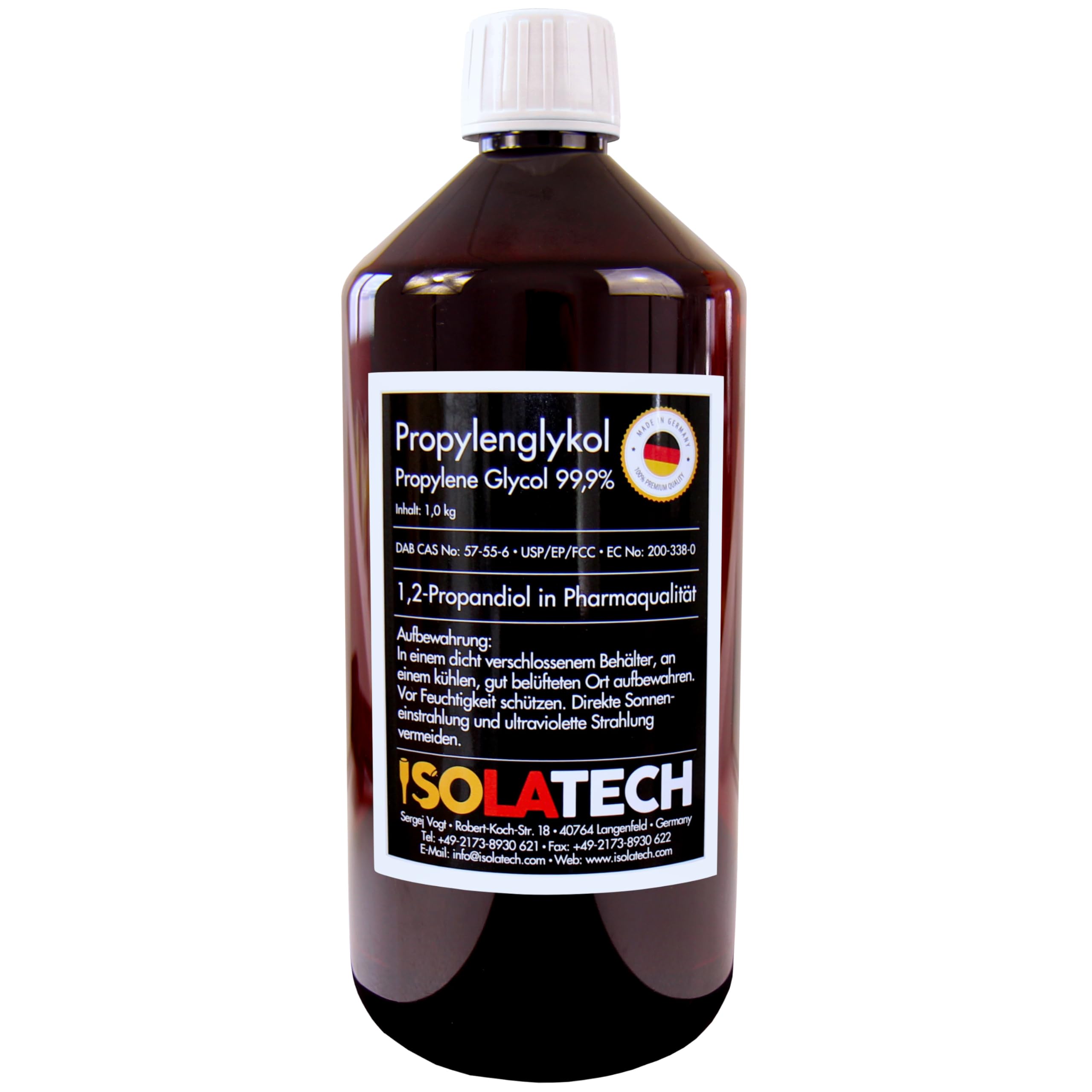 ISOLATECH Glikol propylenowy 1L (1000 ml) 99,9% jakość farmaceutyczna | Do stosowania w przemyśle spożywczym i kosmetycznym, Bezbarwny, bezwonny, 1,2 propanodiol