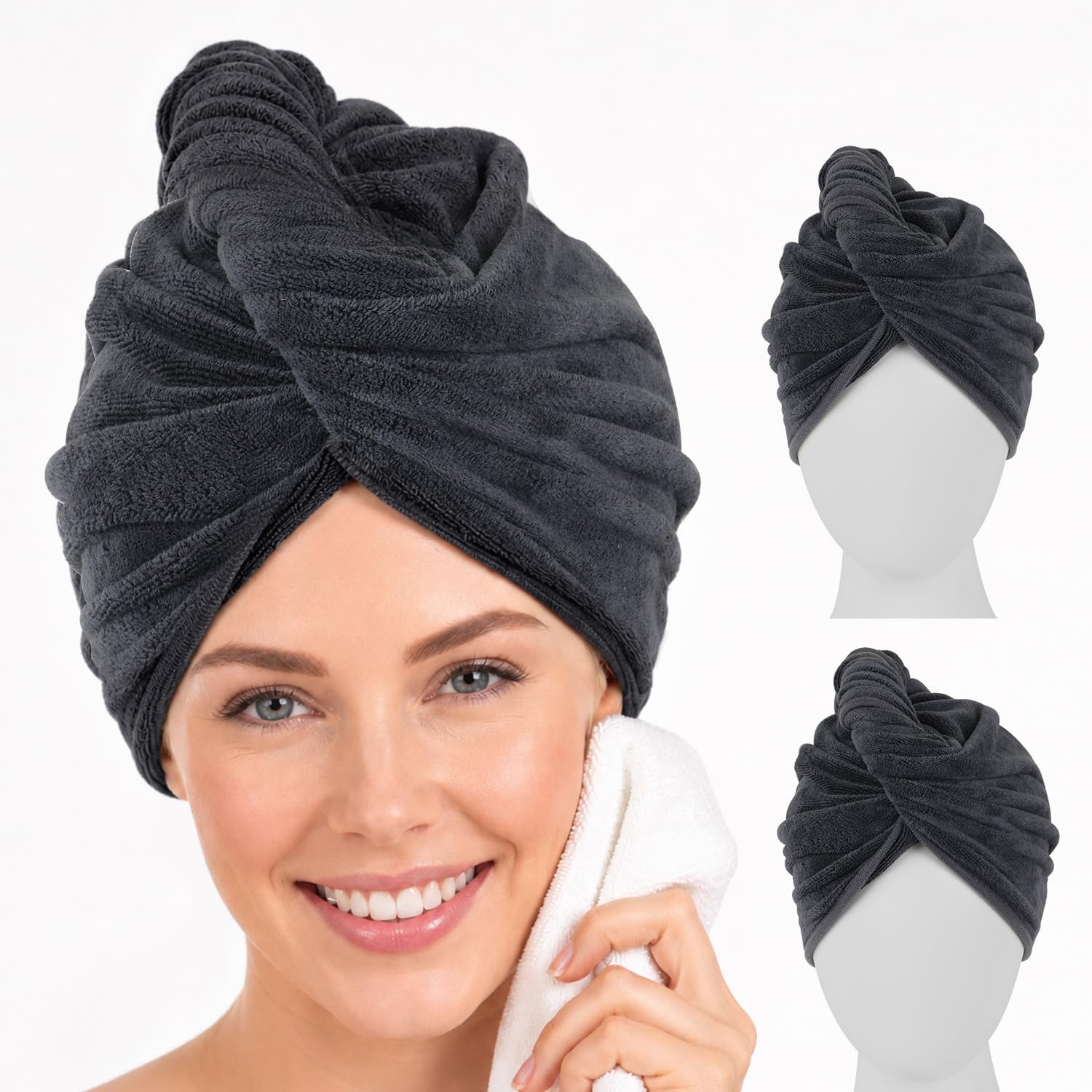 Nreosn Pack of 3 Microfibre Hair Towel - Hair Turban with Button, Super Absorbent Hair Towel Made of Microfibre 400 GSM, Quick-Drying Turban Towel for Long Curls Short Hair Women Dark Grey