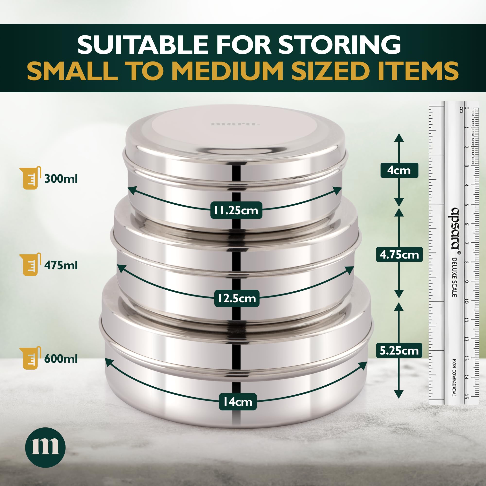 MARU Stainless Steel Airtight Food Storage Containers - Kitchen Set with Lids, Ideal for Flour Storage, Perfect Kitchen Canisters for Food Storage Set of 3Pcs (300ML, 475ML, 600ML)