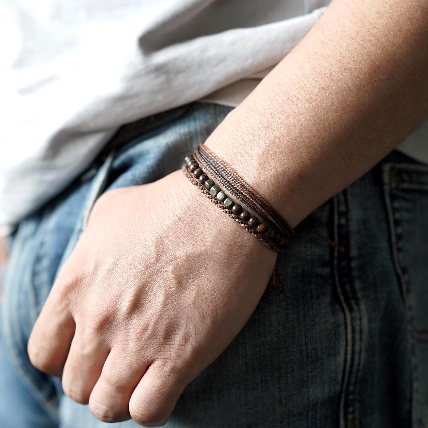 Handmade Natural Gemstone Beaded Healing Bracelet for Men, Adjustable Waterproof Rope String Bracelet with Square Pyrite Beads, Birthday Gifts for Him… - Image 5