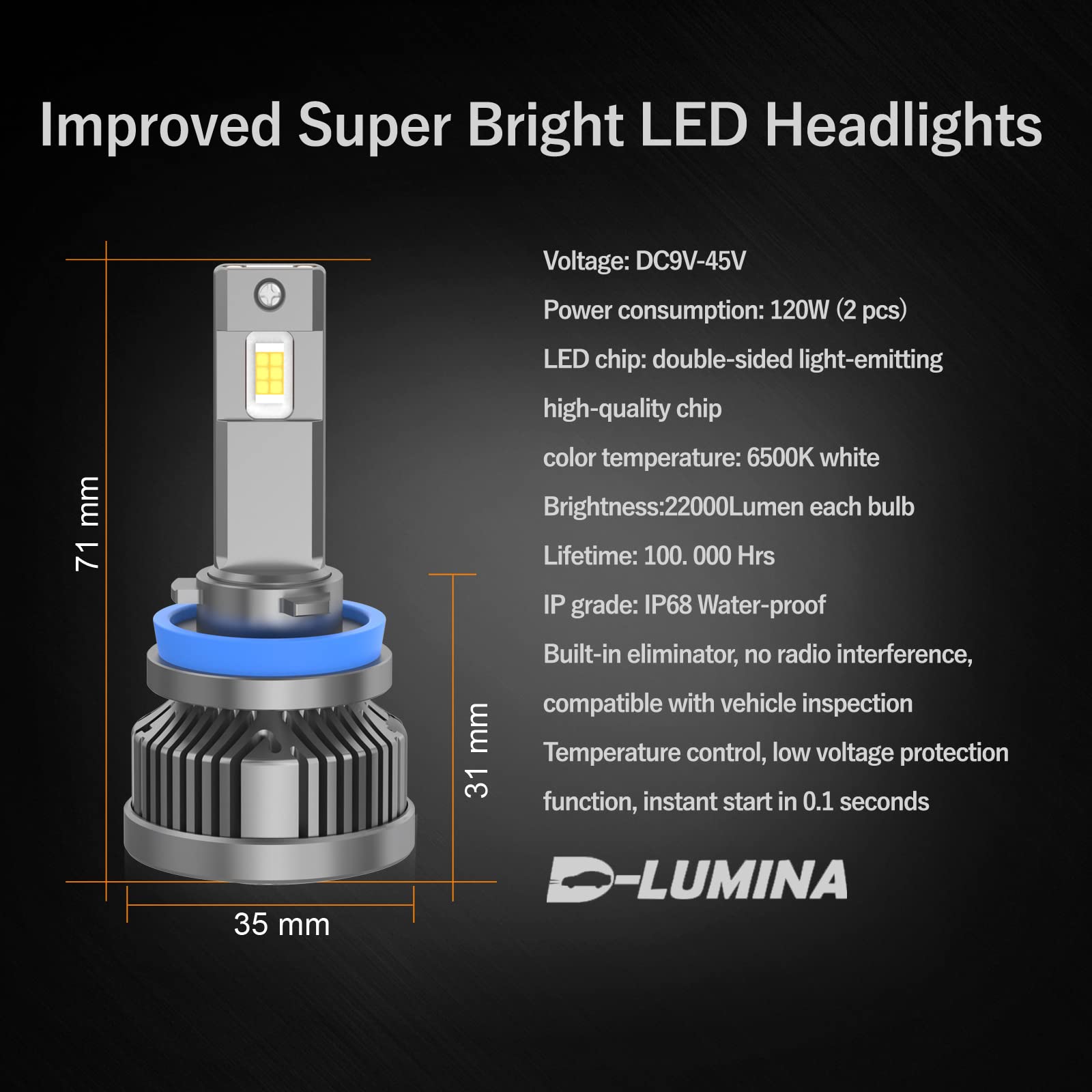 D-Lumina Lampadina H8/H11 LED Canbus 120W 22000LM Auto Lampada per auto Conversione luci lampadina 6000K - 2 anni di garanzia,2 pezzi
