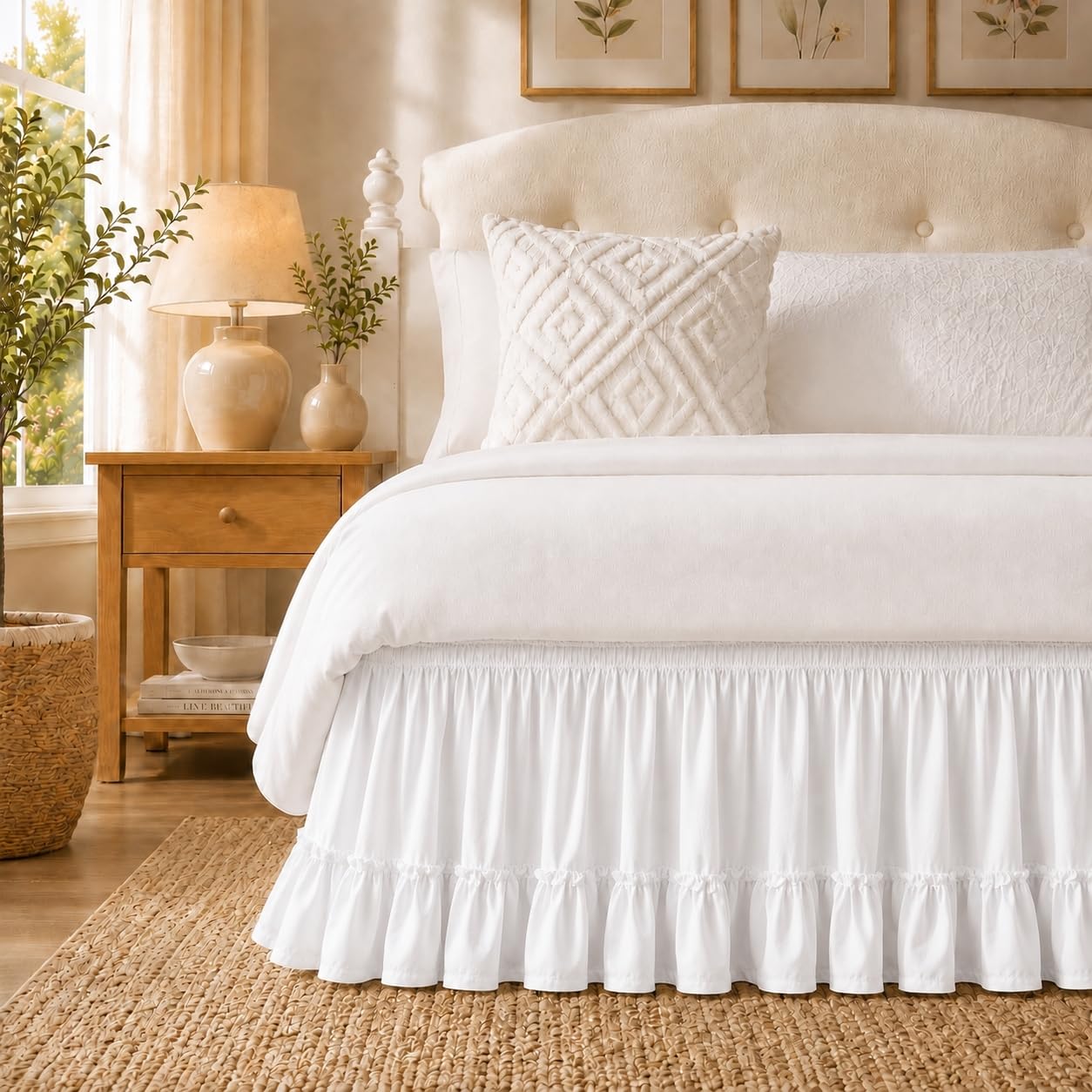 White Pieced Ruffle Bed Skirt Queen 15" Drop, Elastic Bedskirt