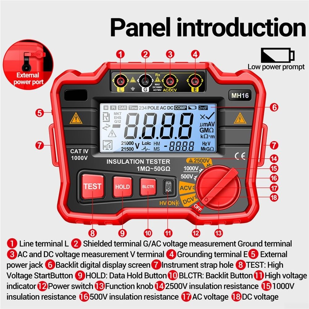2500V Megaohmmeter Digital Isolamento Resistenza Tester per Interruttori Apparecchi - Tensione AC DC con Copertura di Sicurezza