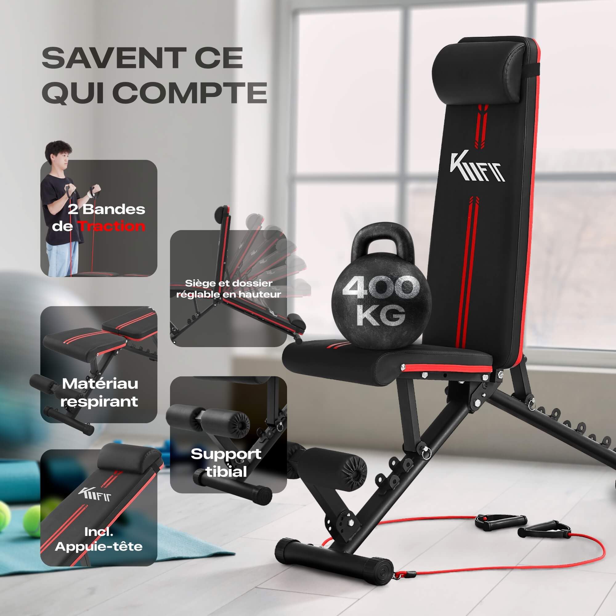 KM-Fit Banc de musculation pliable Multifonction Training Banc de fitness | Dossier réglable en 6 positions | Siège réglable en 3 positions | Surface EVA respirante