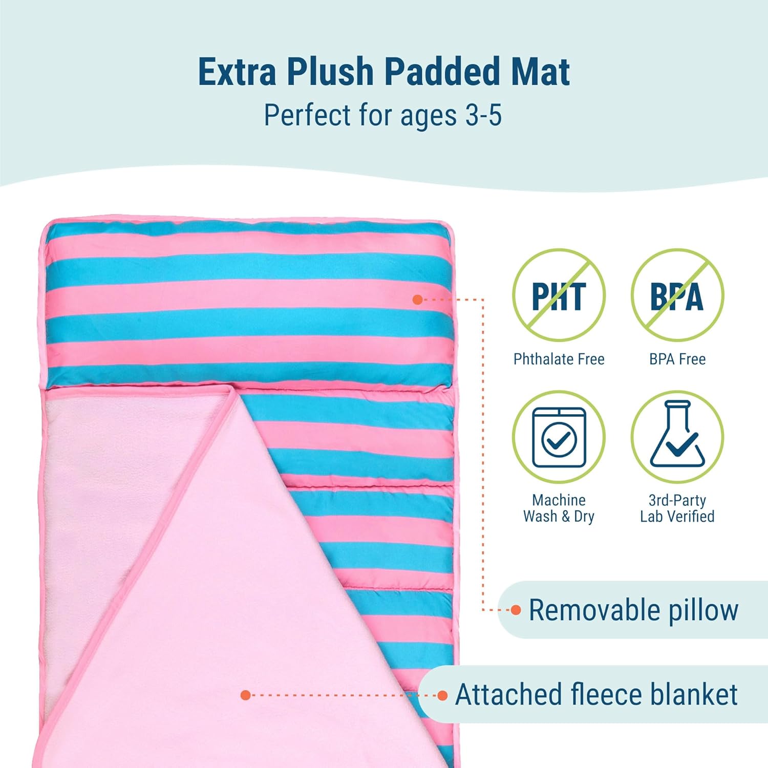 Wildkin 43-inch Kids Nap Mat – Soft Microfiber Toddler Sleeping Mat with Pillow Pink Stripes One Size