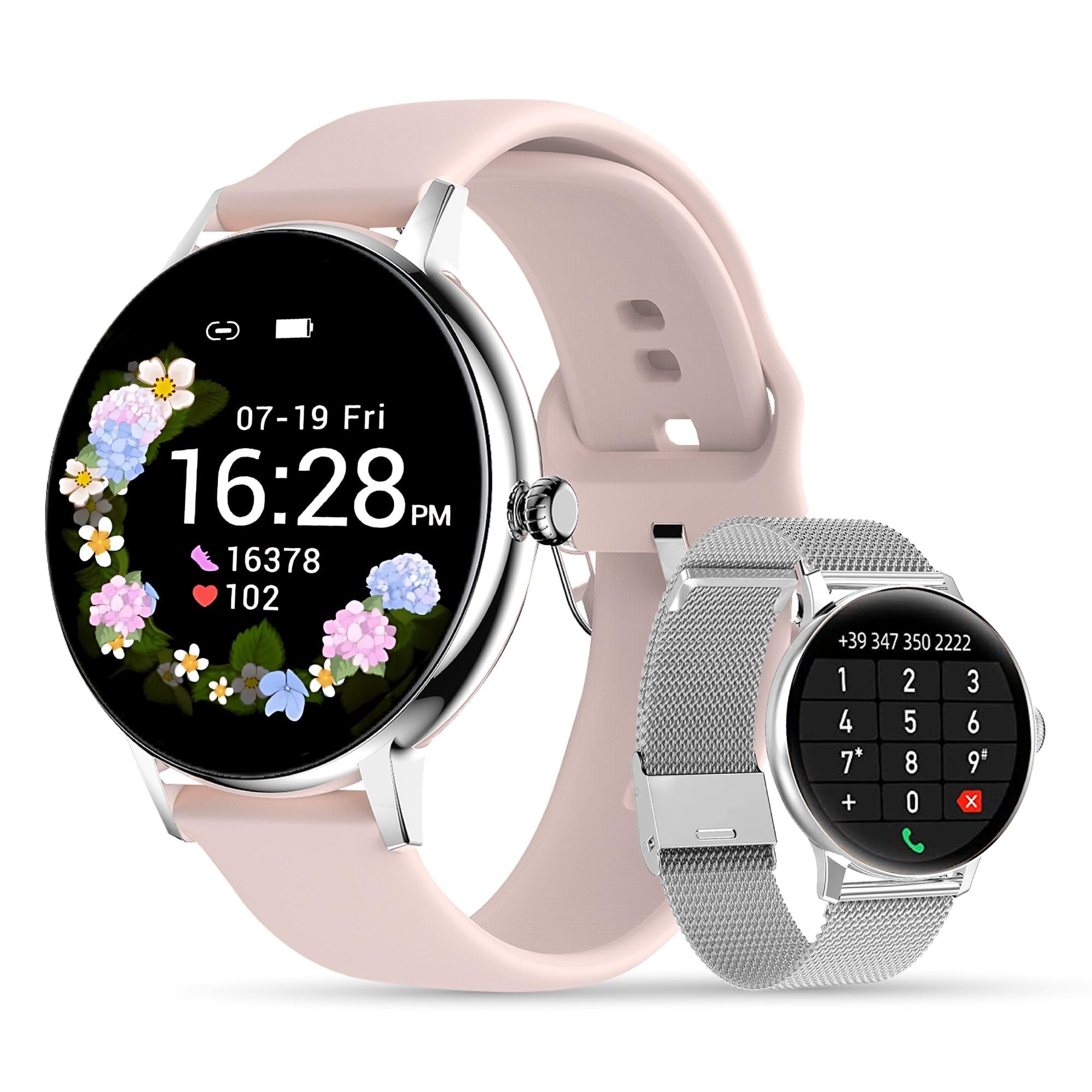 LUNIQUESHOP LSCALL Smartwatch mit Anrufen und Sprachassistenten| Damen Uhr| Aktivitätsarmband |SpO2|Blutdruck| 2 Armbänder | 1.7'' |Fitnessuhr mit Telefonfunktion und Whatsapp iOS Android Silber Pink