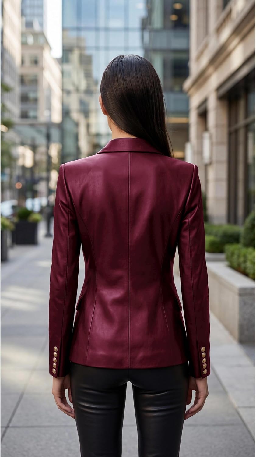 J'Jackin Women's Real Lambskin Leather Double-Breasted Blazer Gold Button Style Blazers Jacket for Women