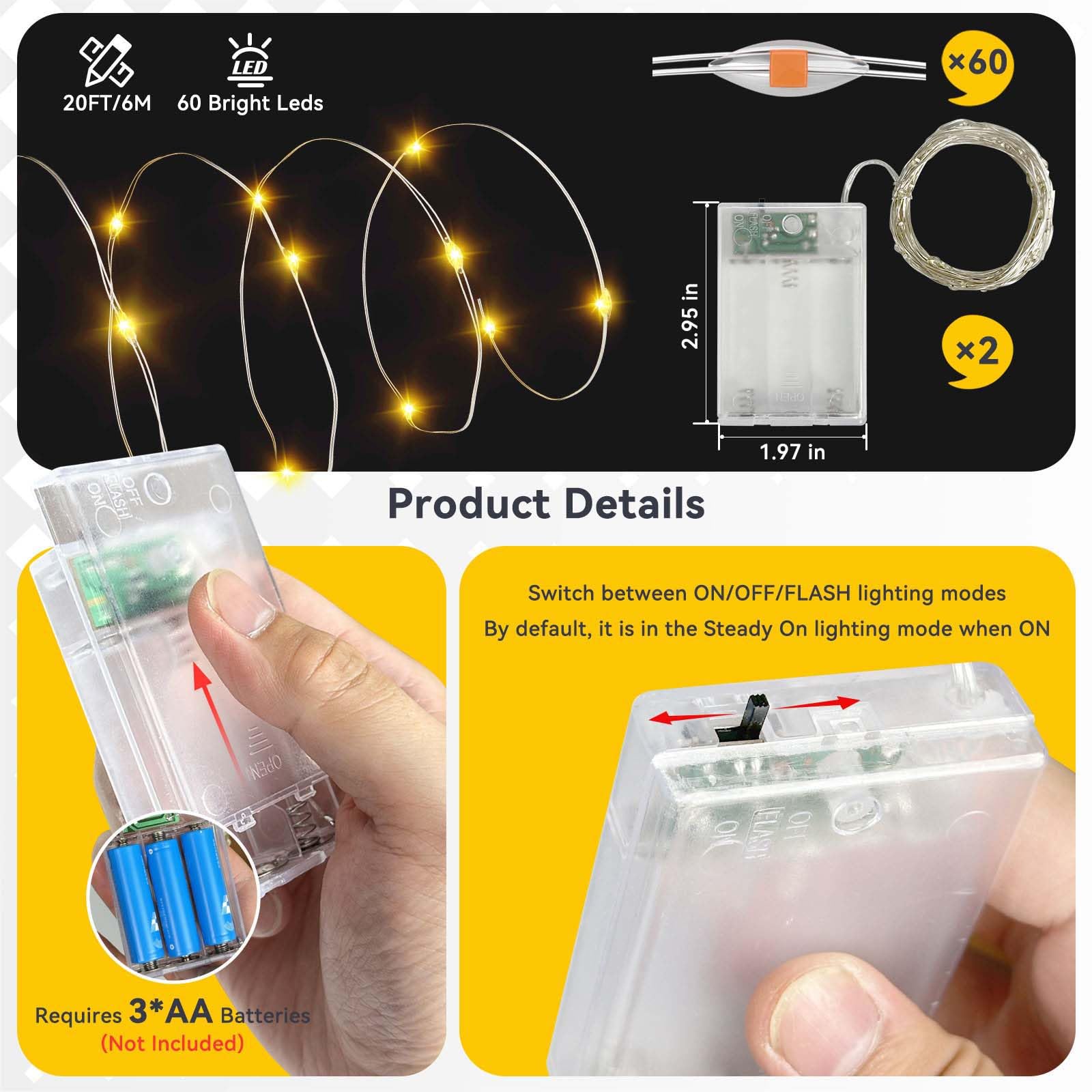 LitHome Warmweiße Lichterkette, batteriebetrieben, 60 LEDs, batteriebetrieben, 2 Modi, wasserdichte LED-Lichterkette für drinnen und draußen, Weihnachten, Hochzeit, Schlafzimmer, Dekoration, 2 Stück
