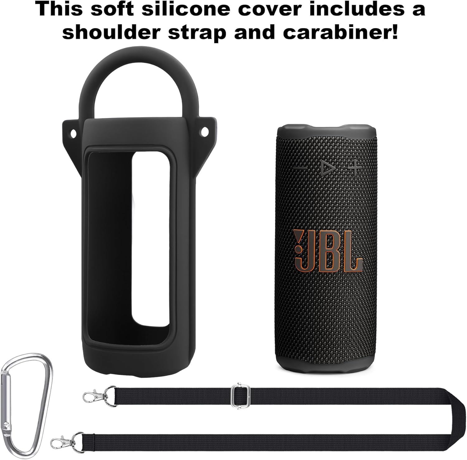 for JBL Grip Portable Waterproof Speaker Silicone Case, Portable Travel Soft Cover with Shoulder Strap and Carabiner, Protective Skin Case (Black) - co2CREA - Image 2