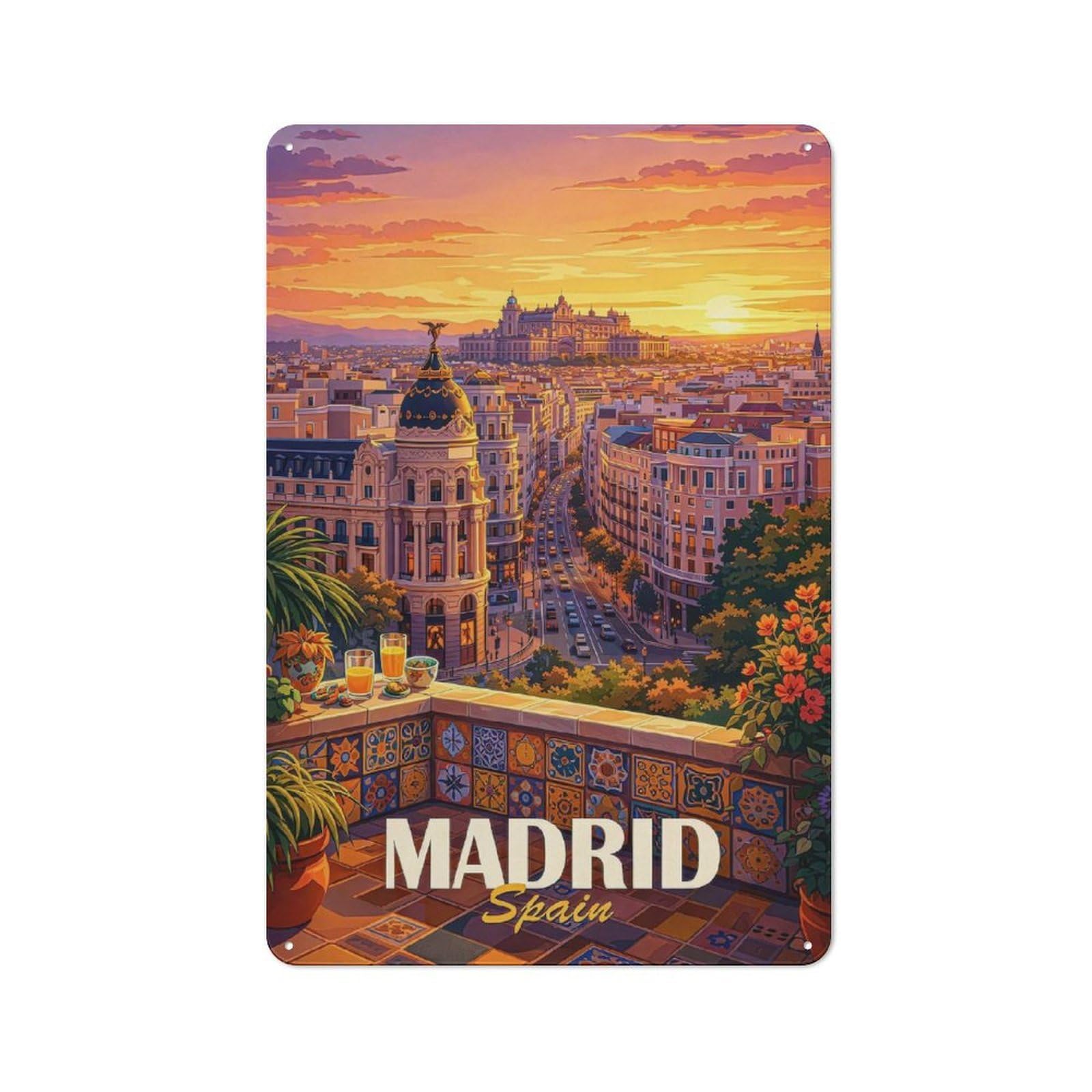 Junmoney Style-19 Madrid Cityscape At Sunset Vintage Metal Wall Decor 30X20cm, Vintage Metal Sign For Hallway, Home Bar, Garage Or Study