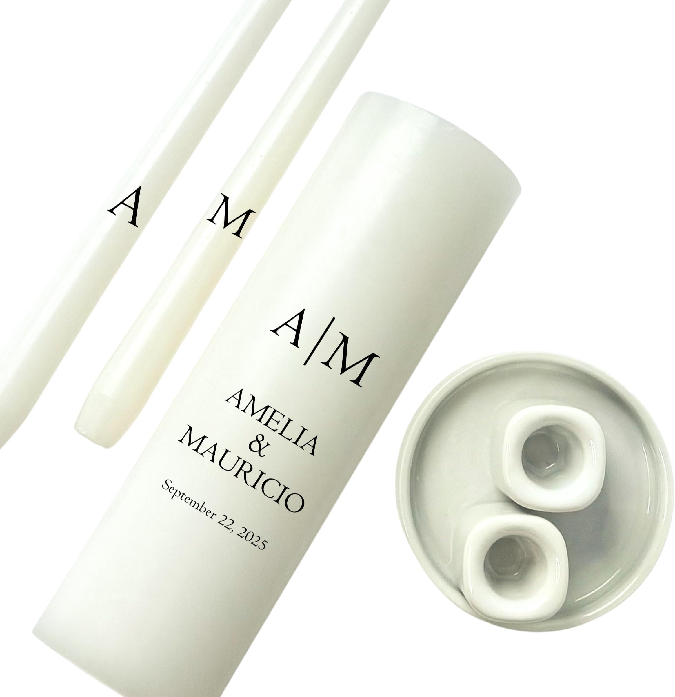 Unity Candles for Wedding, Modern Unity Set, Custom and Personalized Pillar and Taper Candles, Custom Date and Names. Unscented White Premium Wax, Religious and Wedding Ceremony, Special Events