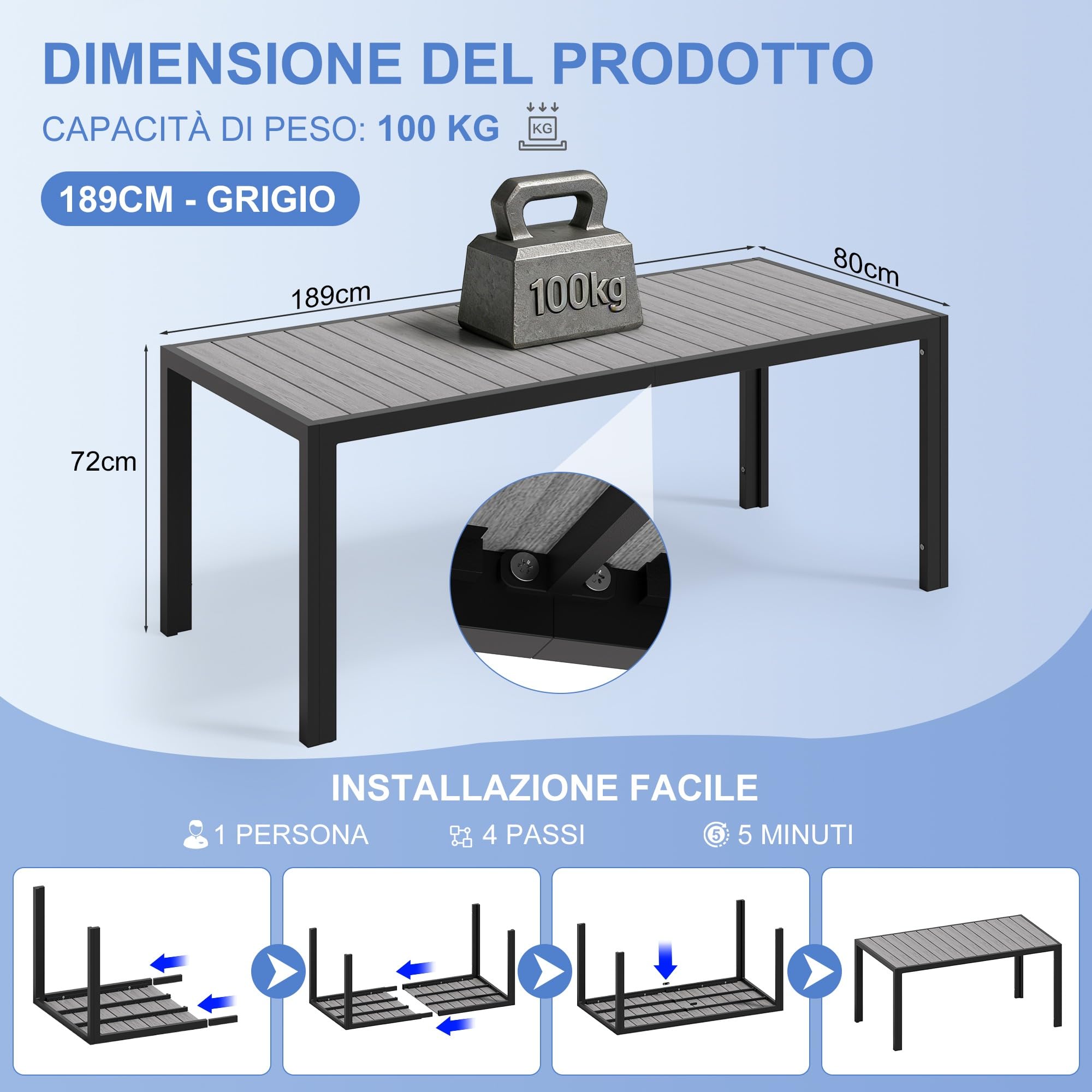 Devoko Tavolo da Giardino HDPS Resistente alle Intemperie, 189 x 80 x 74 cm Tavolino da Esterno Finitura a Vena di Legno e Facile da Manutenzionare, Tavolo da Pranzo Esterno per 6 a 8 Persone (Grigio)