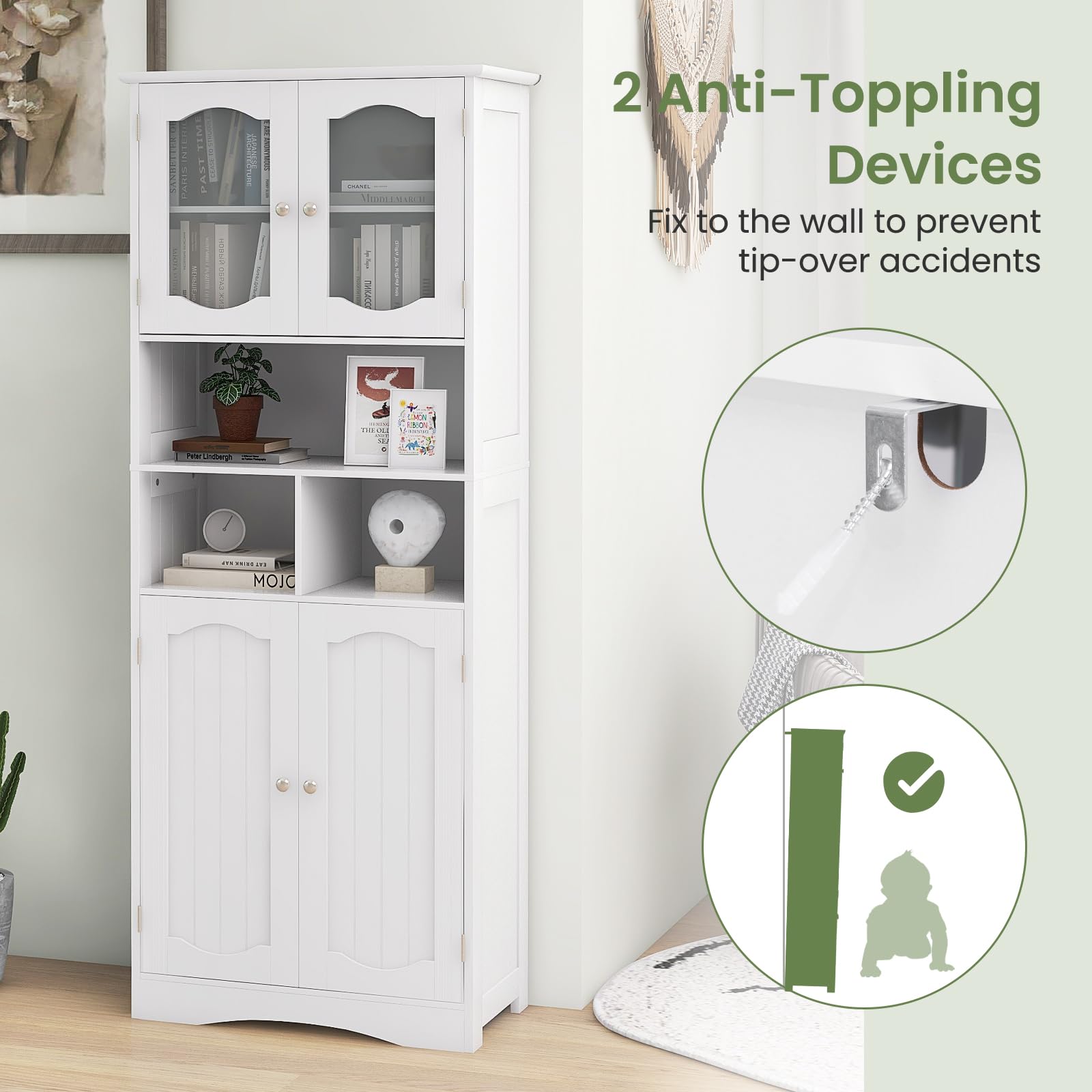 LIFEZEAL Mobile Bagno, Mobiletto Bagno Salvaspazio, 60x30x148,5cm, Armadietto Alto con Ante in Vetro e Ripiani Regolabili, Arredo Indipendente, Armadio Multiuso per Cucina e Soggiorno, Credenza Bianco