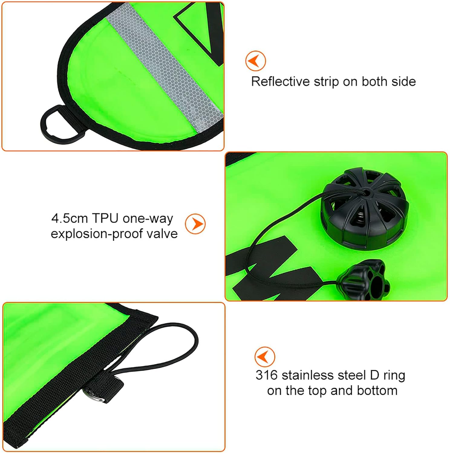 Alomejor Inflatable Diving SMB Surface Marker Buoy Reflective Strip Stainless Steel D for Convenient Use (Fluorescent Yellow)