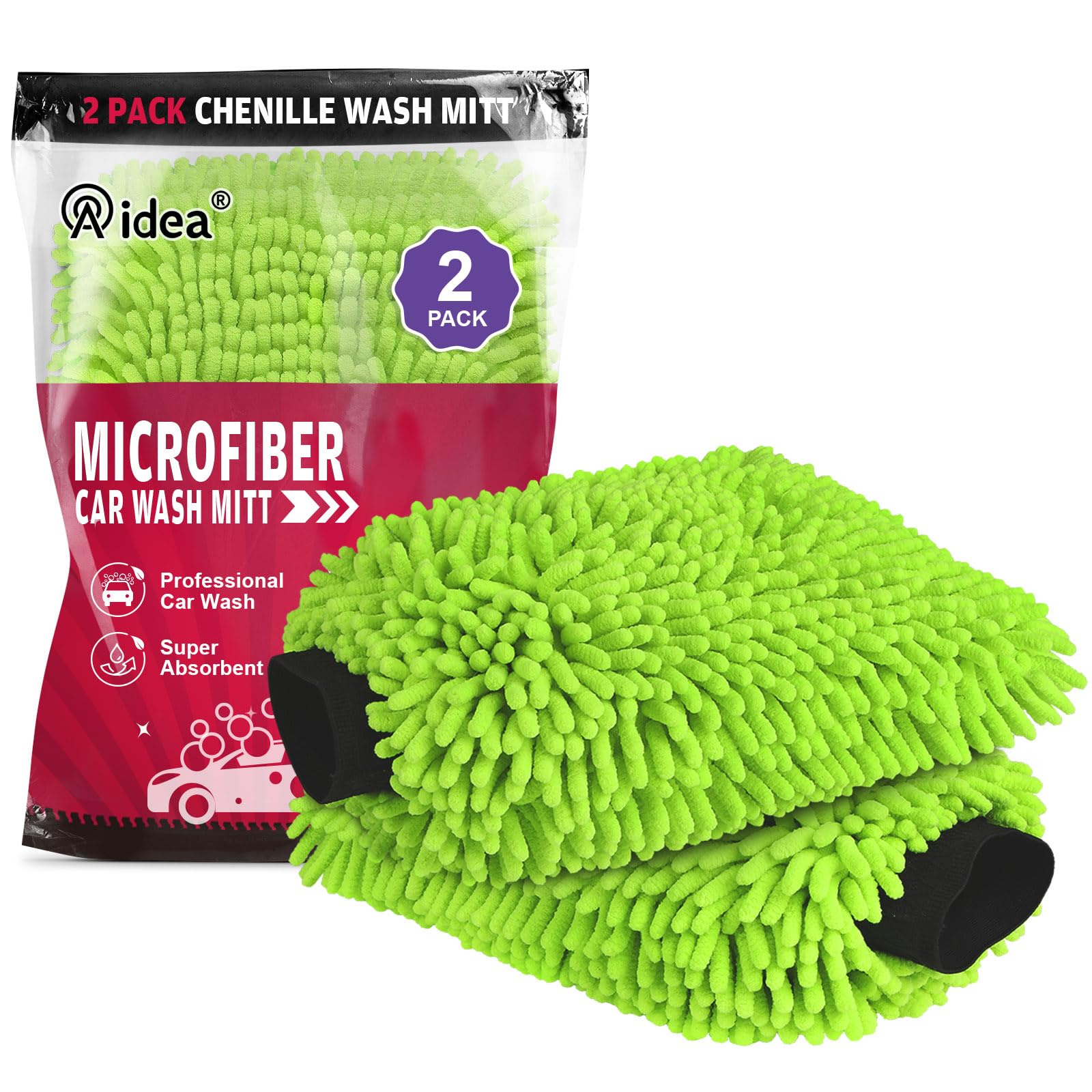AIDEA Microfiber Car Wash Mitt, Scratch & Lint Free Premium Chenille Microfiber Cleaning Mitt, Green Regular Size-2PK AIDEA
