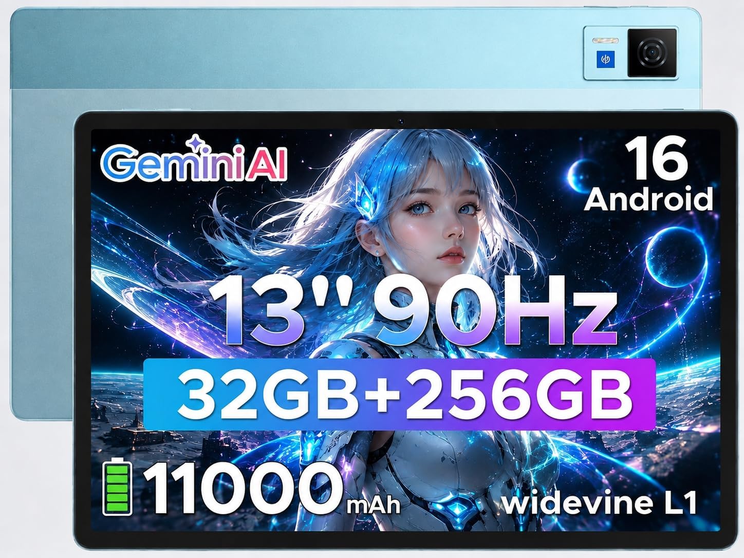 U13 Android 16 Tablet 13 Pollici, 32GB RAM+256GB ROM (2TB TF) 11000mAh Akku 18W Gaming Tablet, Unisoc T7280 Octa Core, 13MP/WidevineL1/ WiFi 5/Face ID/OTG/GPS/4 Altoparlanti/Gemini AI,Blu