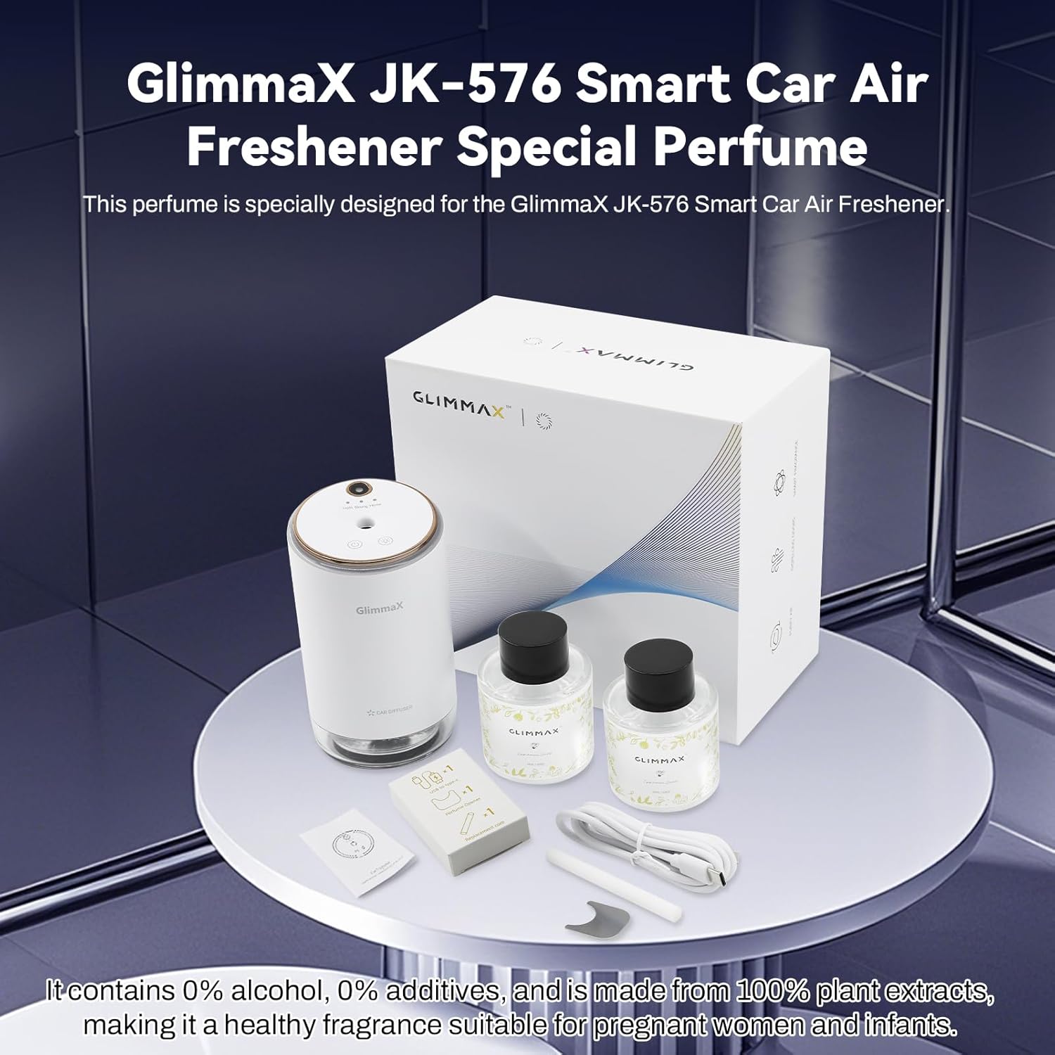 GlimmaX JK-576 Smart Car Air Diffuser and two perfume refills in packaging.