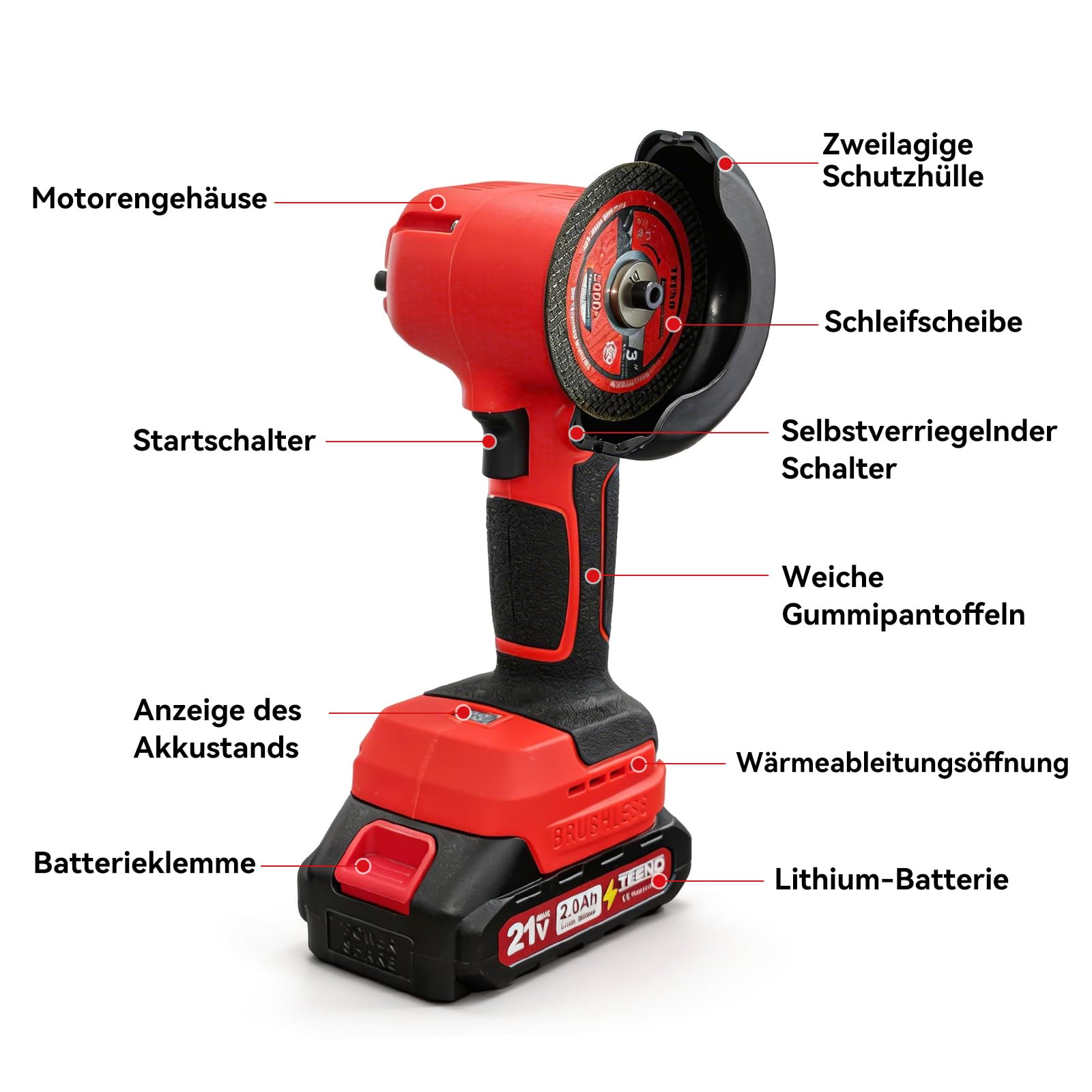 TEENO 21V Winkelschleifer mit Bürsten, 19500 U/min, inklusive 2 Akkus mit 1500mAh und 6 Schleifscheiben, professionelles Elektro-Trennschleifer Set geeignet für Metall, Holz und Fliesen