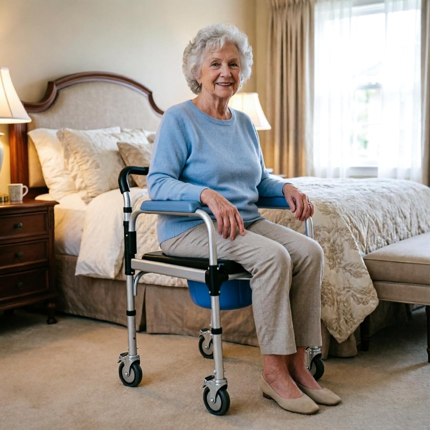 3-in-1 Bedside Commode Wheelchair with Wheels | Lockable Brakes, Waterproof Aluminum Shower Chair, Portable Toilet Seat for Elderly & Adults, 260lbs Capacity